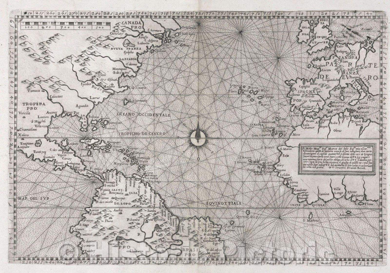 Historic Map : Chart showing America from Labrador to Brazil Fernando Bertelli, 1565 , Vintage Wall Art