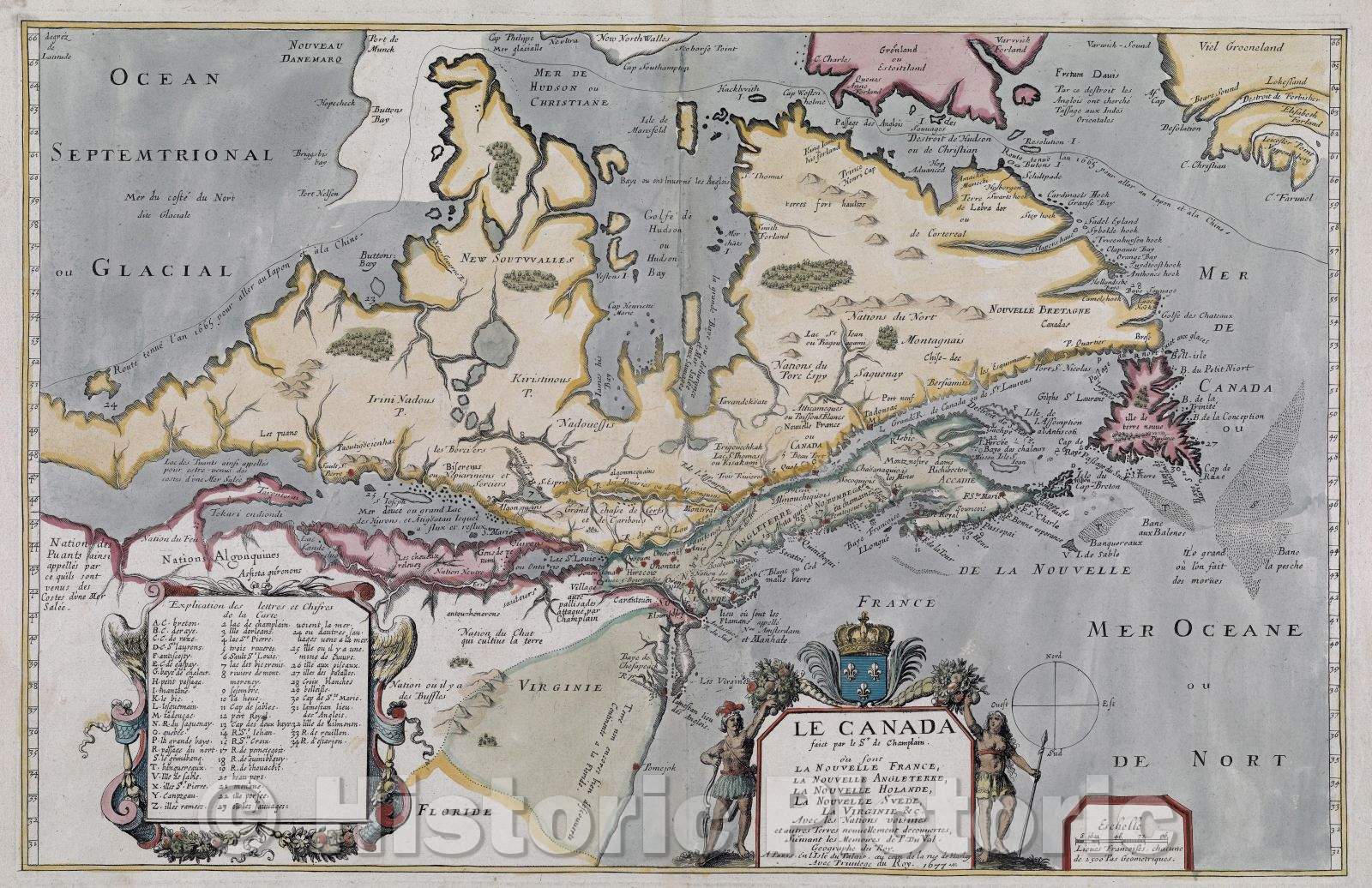 Historic Map : Le Canada ou sont La Novelle France, La Nouvelle Angleterre, La Nouvelle Holande, La Nouvelle Svede, La Virginie andc. Avec les Nations voisines, 1677 , Vintage Wall Art