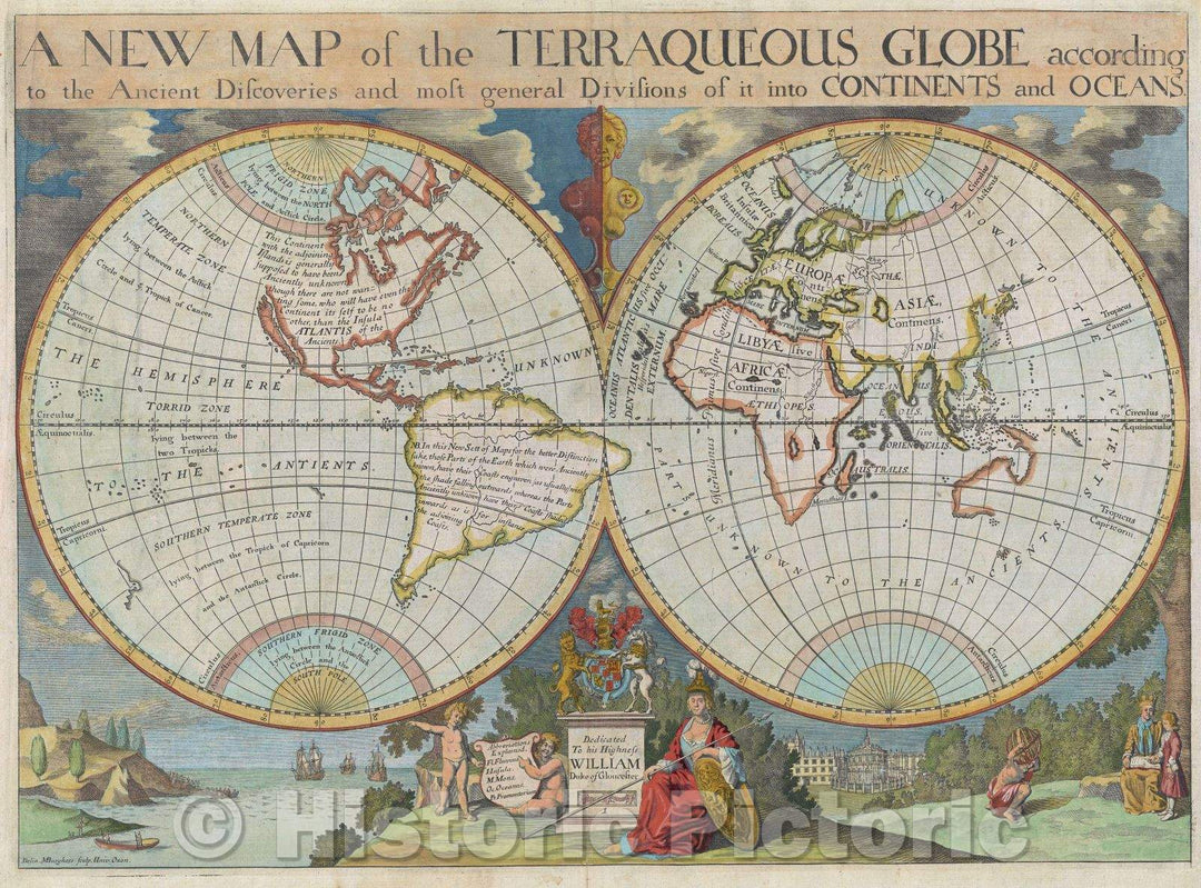 Historic Map : A New Map of the Terraqueous Globe according to the Ancient Discoveries and most general Divisions of it into Continents and Oceans, 1701 , Vintage Wall Art