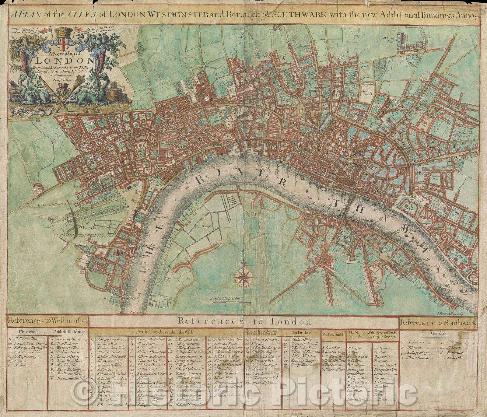 Historic Map : A Plan of the Citys of London, Westminster and Borough of Southwark, with the new Additional Buildings, Anno 1720, 1720 , Vintage Wall Art