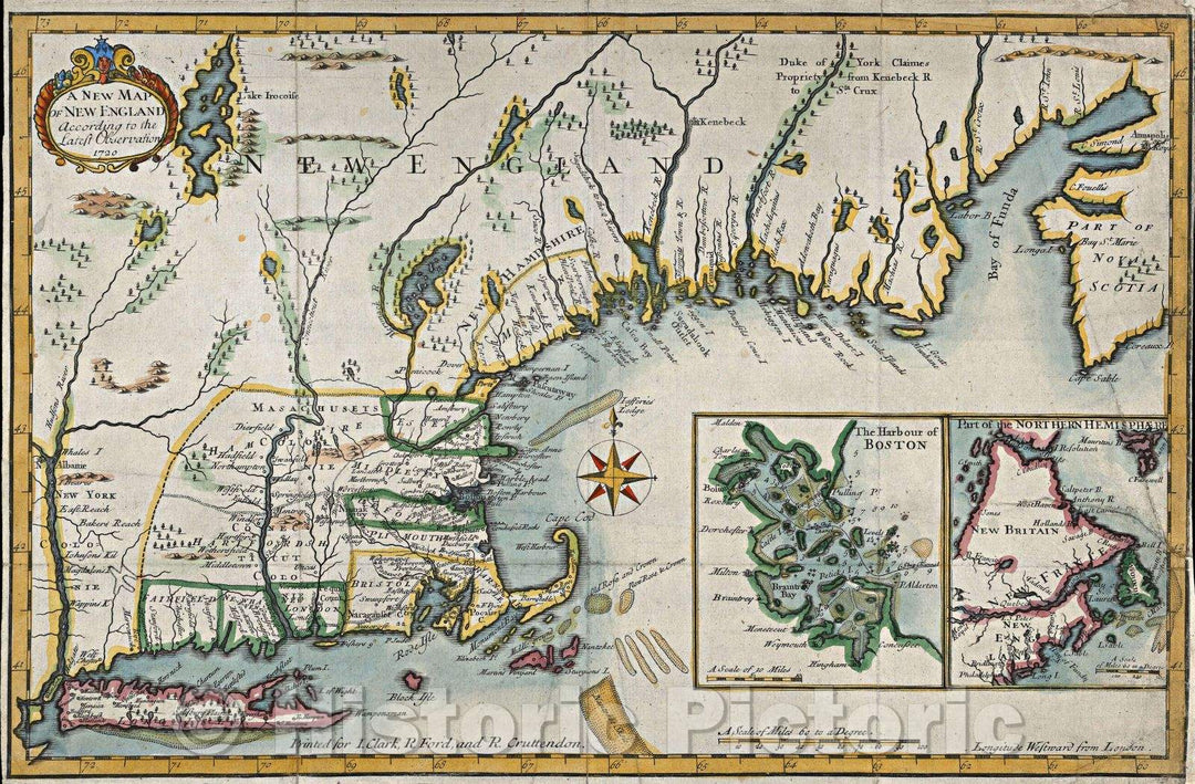 Historic Map : A New Map of New England According to the Latest Observations, 1720 , Vintage Wall Art