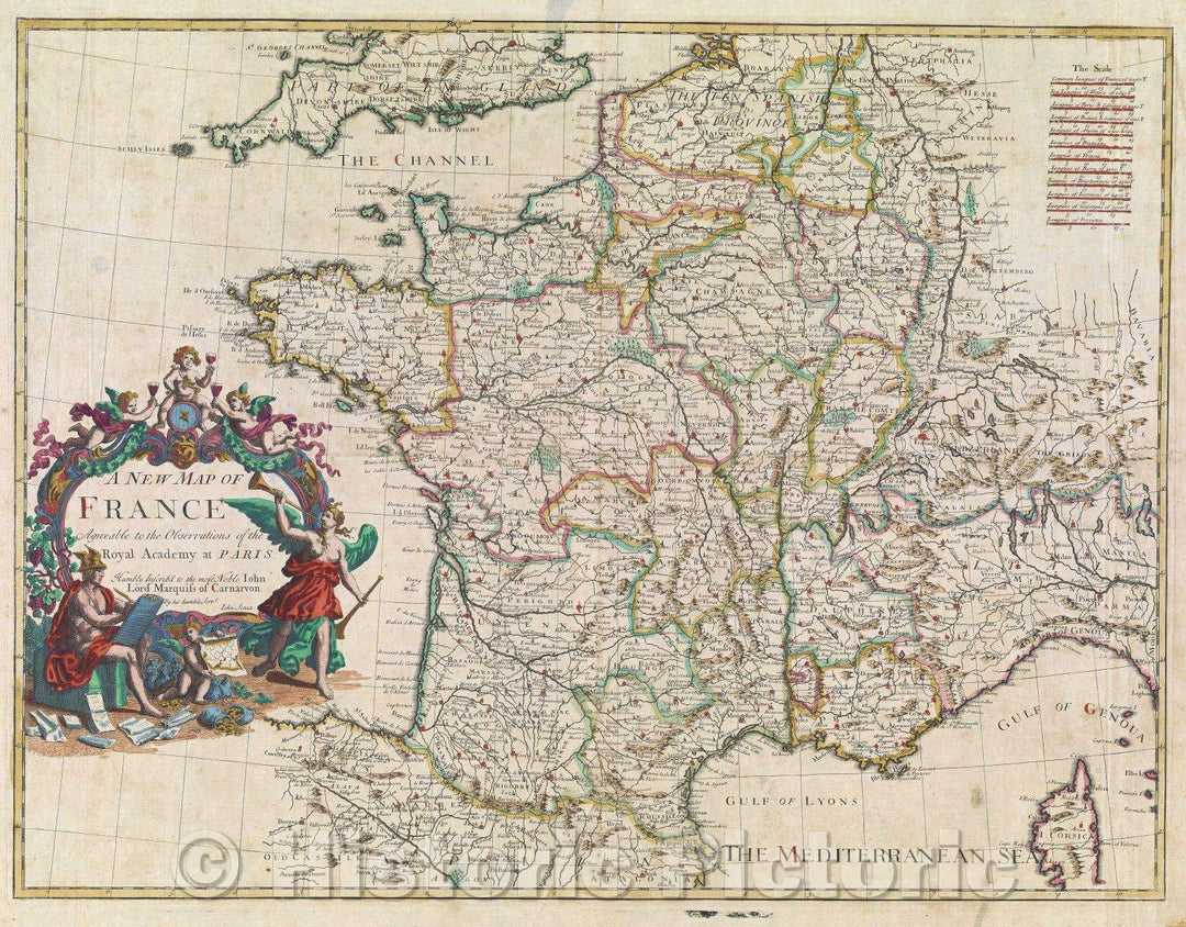 Historic Map : A New Map of France Agreeable to the Observations of the Royal Academy at Paris Humbly Inscrib'd to the most Noble John, Lord Marquis of Carnarvon, 1721 , Vintage Wall Art