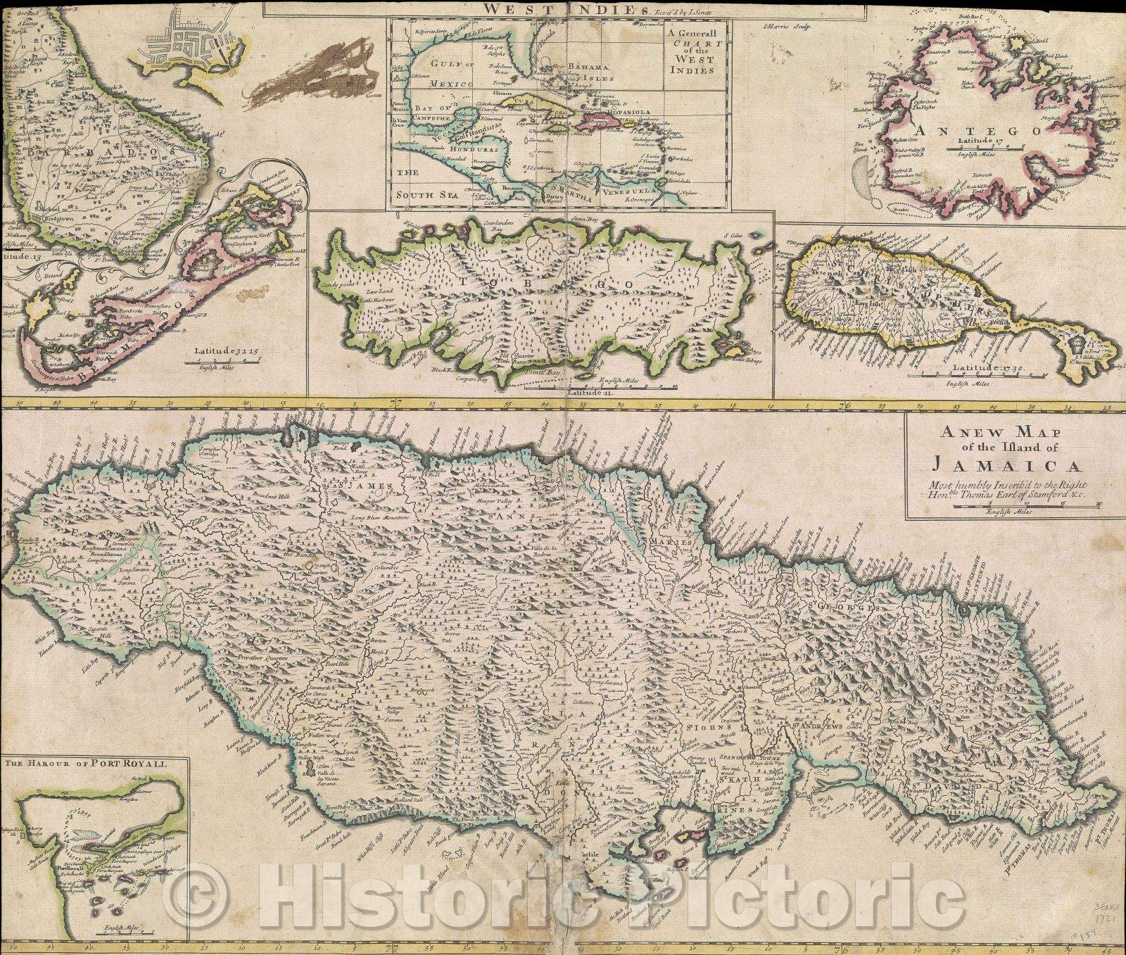 Historic Map : A new map of the English empire in the ocean of America or West Indies by I. Senex A New Map of the Island of Jamaica, 1721 , Vintage Wall Art