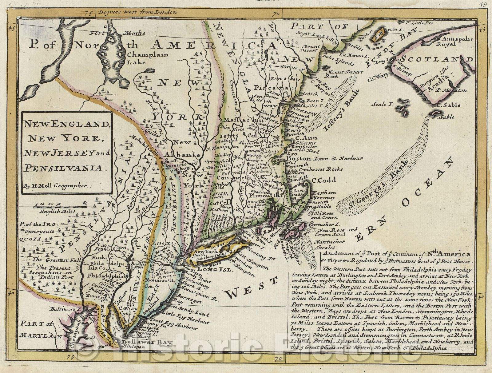 Historic Map : New England, New York, New Jersey and Pensilvania by H. Moll, Geographer, 1729 , Vintage Wall Art