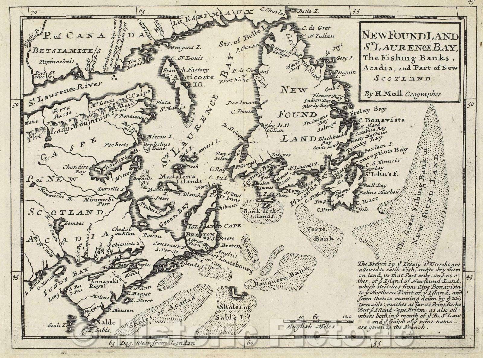 Historic Map : NewFoundLand St. Laurence Bay, the Fishing Banks, Acadia and part of New Scotland by H. Moll, Geographer, 1736 , Vintage Wall Art