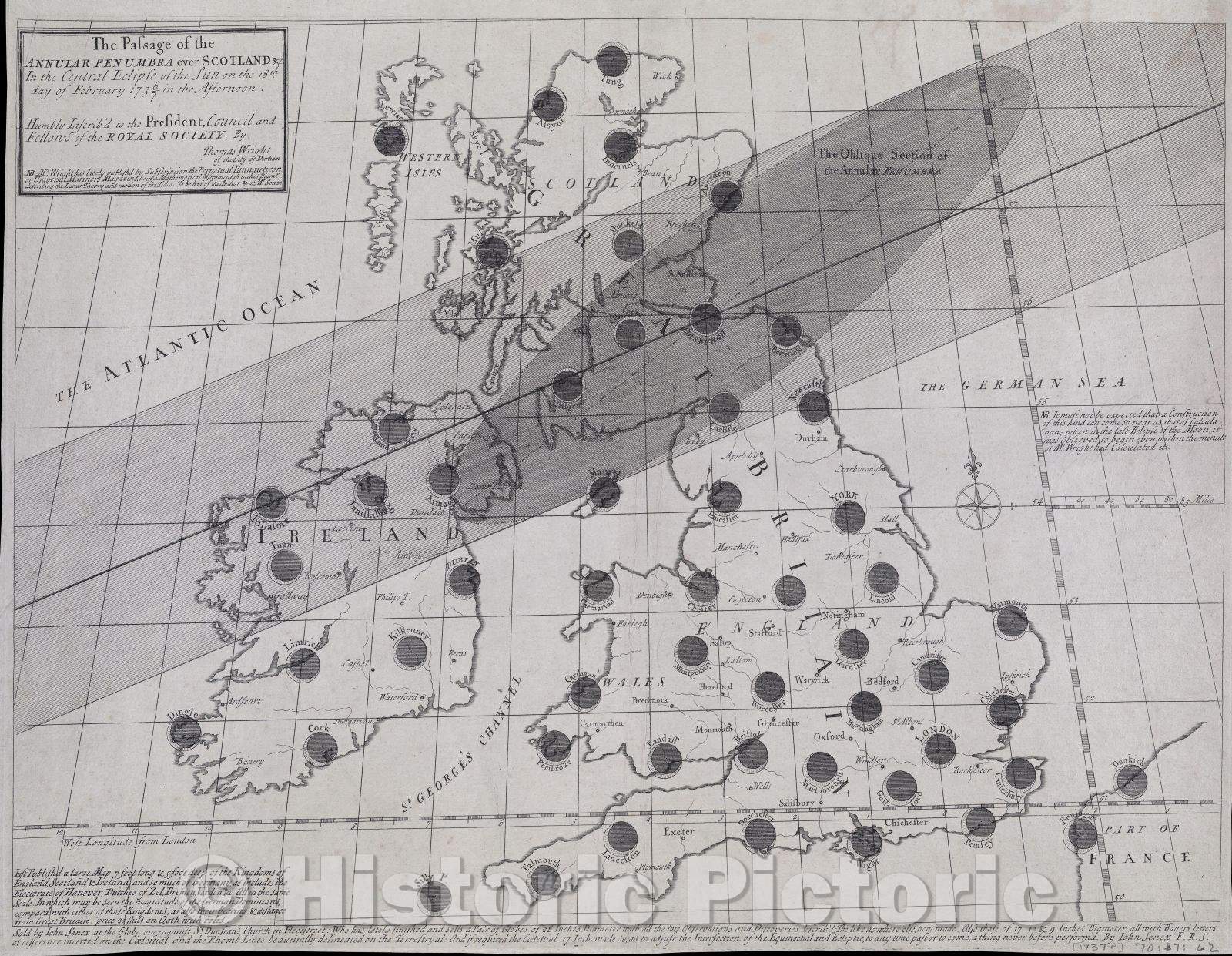 Historic Map : The Passage of the Annular Penumbra over Scotland andc. In the Central Eclipse of the Sun on the 18th day of February, 1736 7 in the Afternoon. Humbly, c. 1737 , Vintage Wall Art