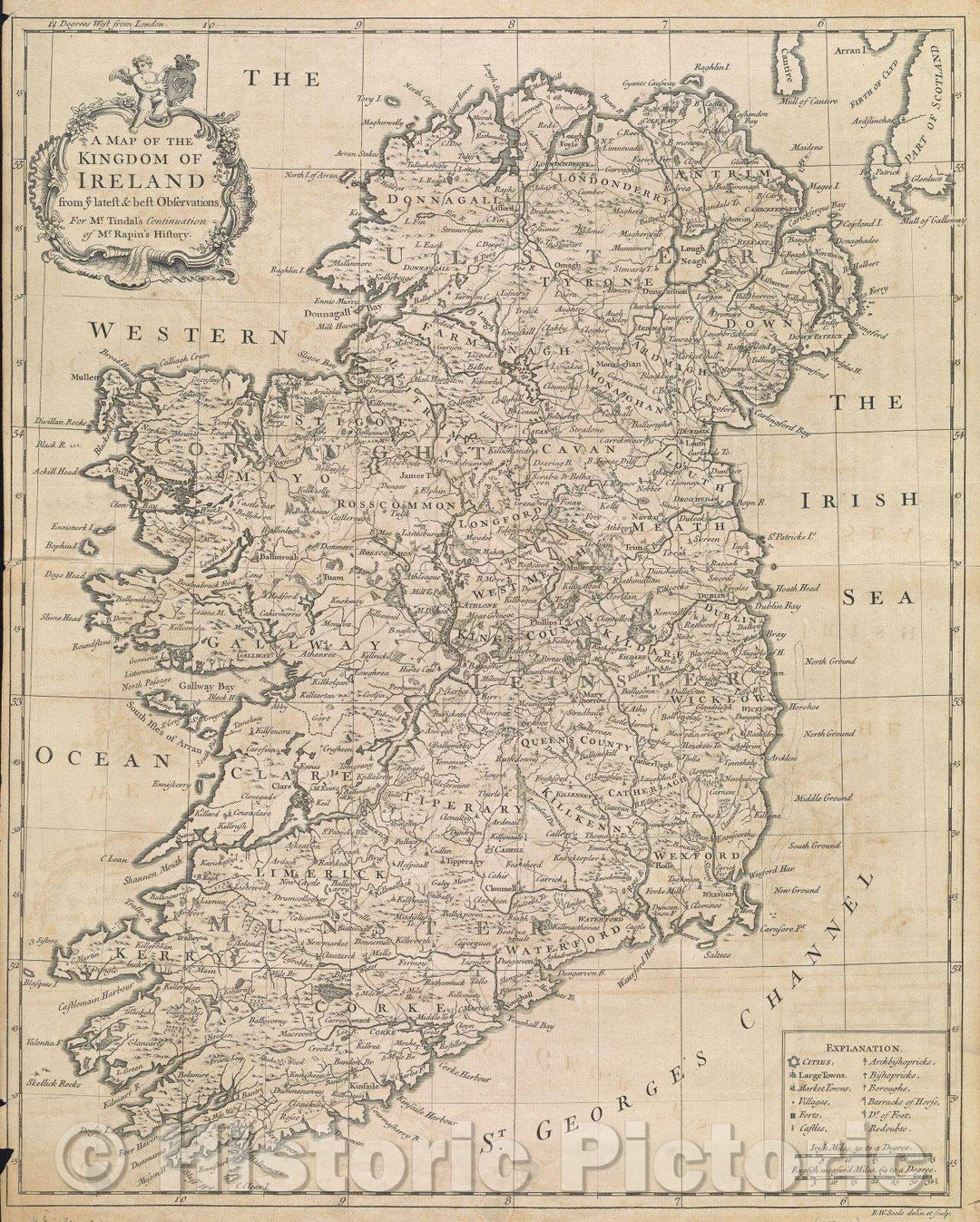 Historic Map : A Map of the Kingdom of Ireland from ye latest and best Observations, For Mr. Tindal's continuation of Mr. Rapin's History, c. 1741 , Vintage Wall Art