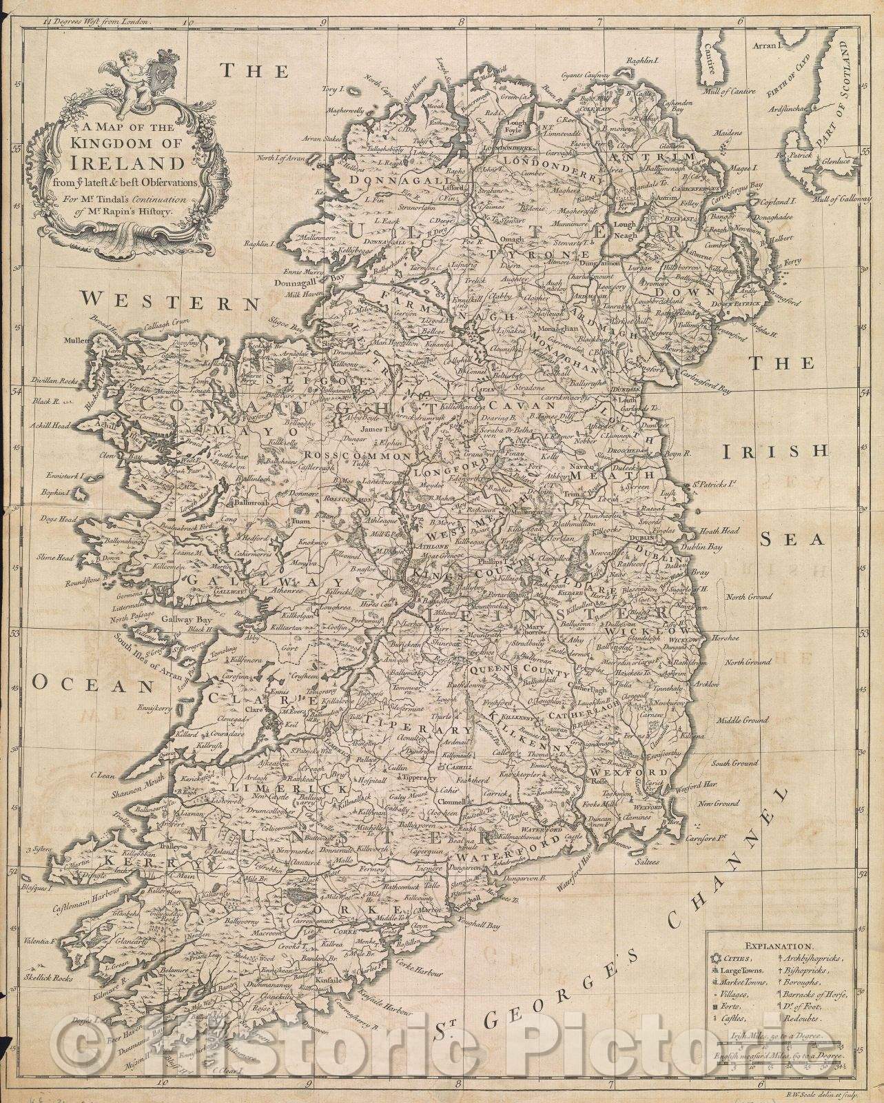 Historic Map : A Map of the Kingdom of Ireland from ye latest and best Observations, For Mr. Tindal's continuation of Mr. Rapin's History, c. 1741 , Vintage Wall Art