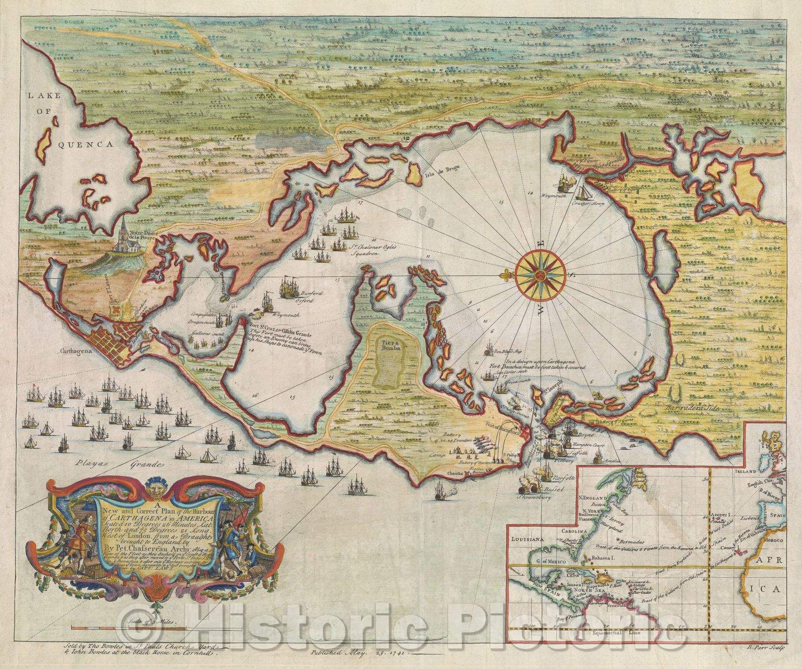 Historic Map : A New and Correct Plan of the Harbour of Carthagena in America Seated 16 Degrees 26 Minutes Lat. north and 75 degrees 21 Long. West of London, 1741 , Vintage Wall Art