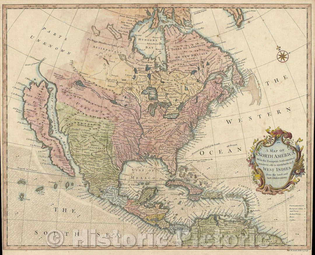 Historic Map : A Map of North America With the European Settlements and whatever else is remarkable in ye West Indies, from the latest and best observations., 1744 , Vintage Wall Art