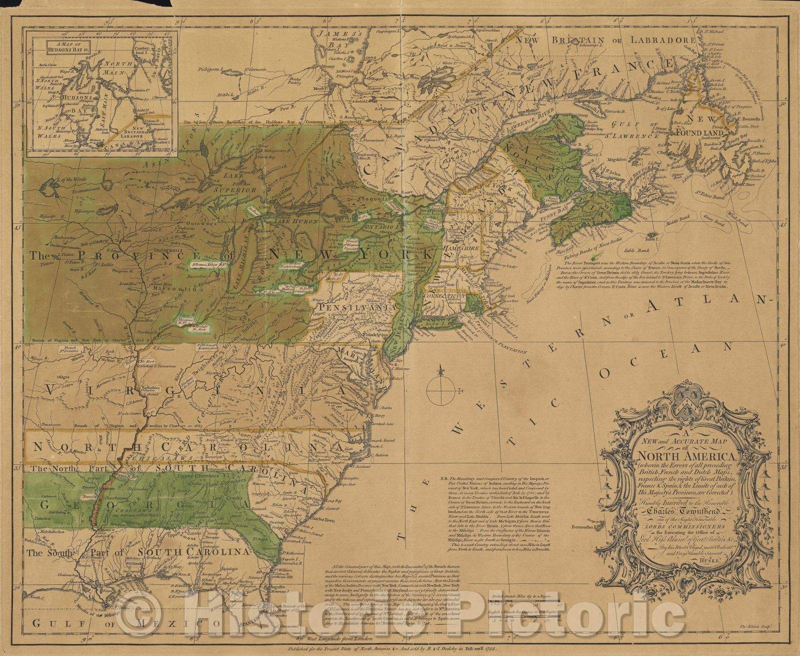 Historic Map : A New and Accurate Map of North America, (wherein the Errors of all preceeding British, French and Dutch maps, respecting the rights of Great Britain, 1755 , Vintage Wall Art