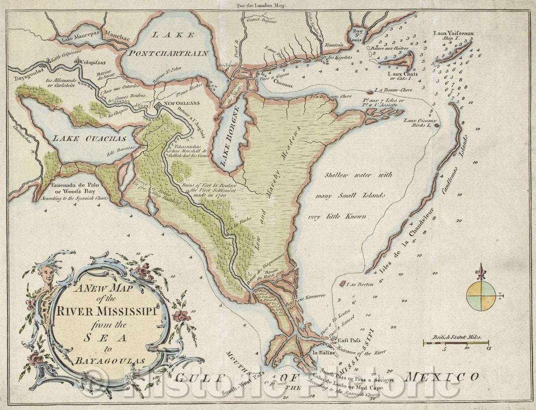 Historic Map : A New Map of the River Mississipi from the Sea to Bayagoulas, 1761 , Vintage Wall Art