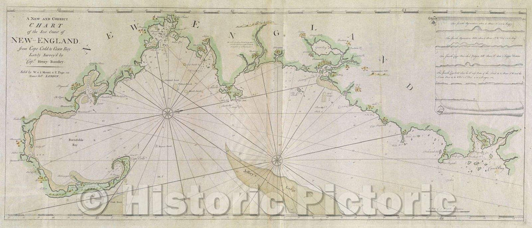 Historic Map : A New and Correct Chart of the Sea Coast of New - England from Cape Codd to Casco Bay. Lately Survey'd by Capt. Henry Barnsley., 1763 , Vintage Wall Art