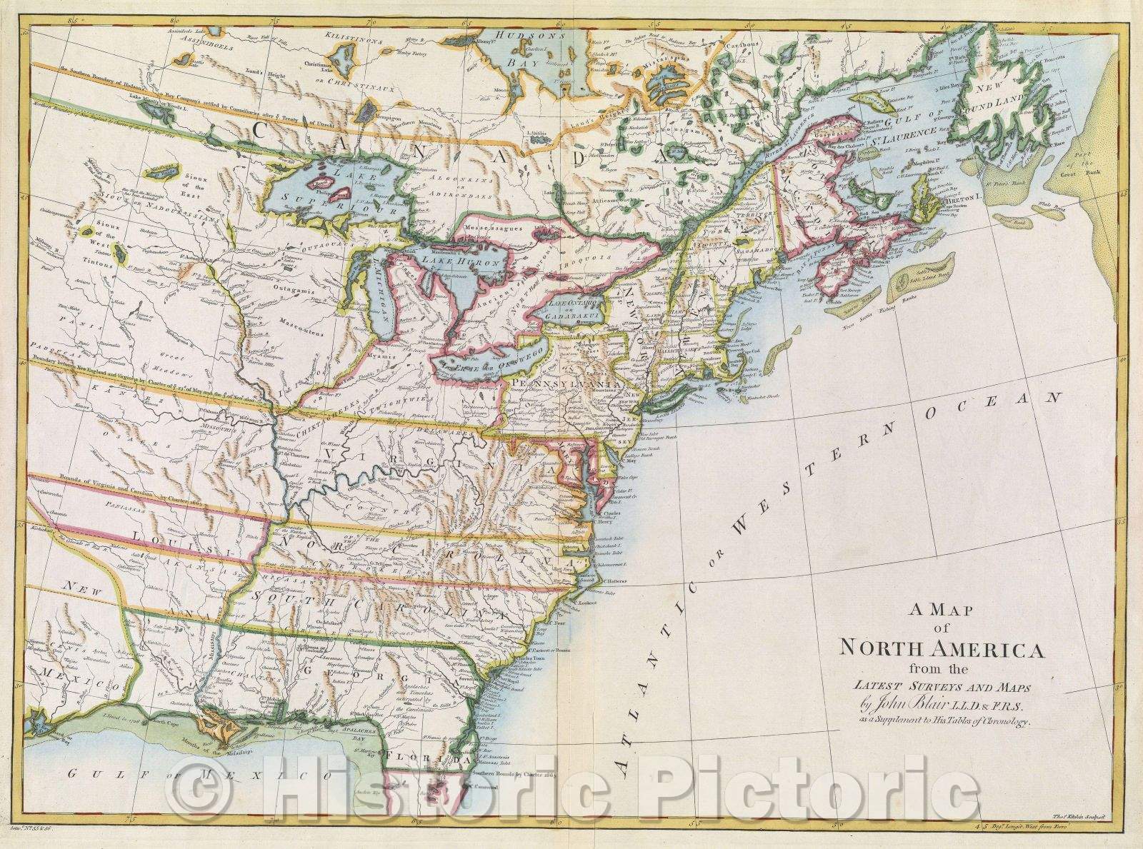 Historic Map : A Map of North America  from the Latest Surveys and Maps by John Blair LLD. andF.R.S. as a supplement to his tables of chronology, 1768 , Vintage Wall Art