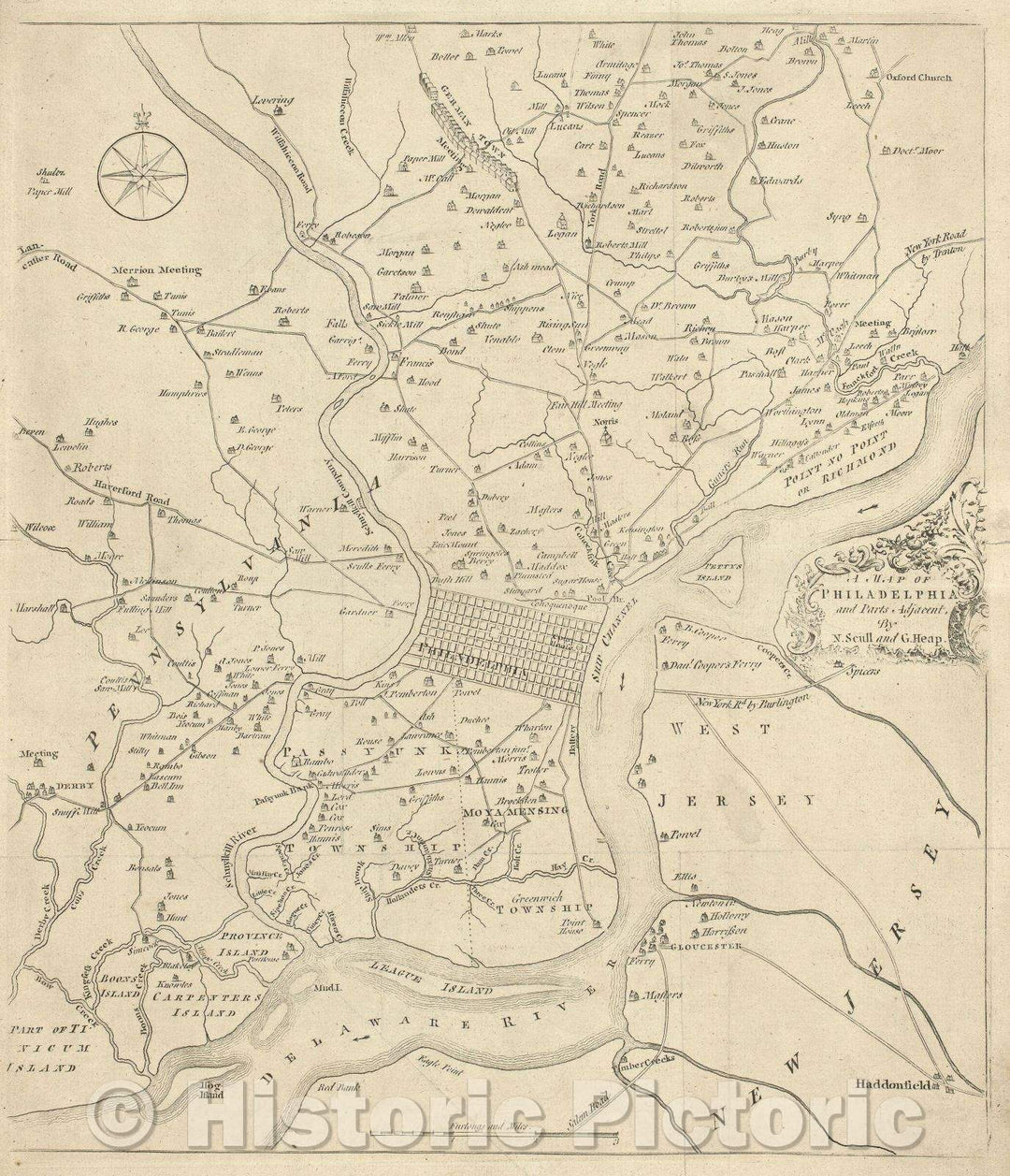 Historic Map : A Map of Philadelphia and Parts Adjacent. by N. Scull and G. Heap, 1777 , Vintage Wall Art