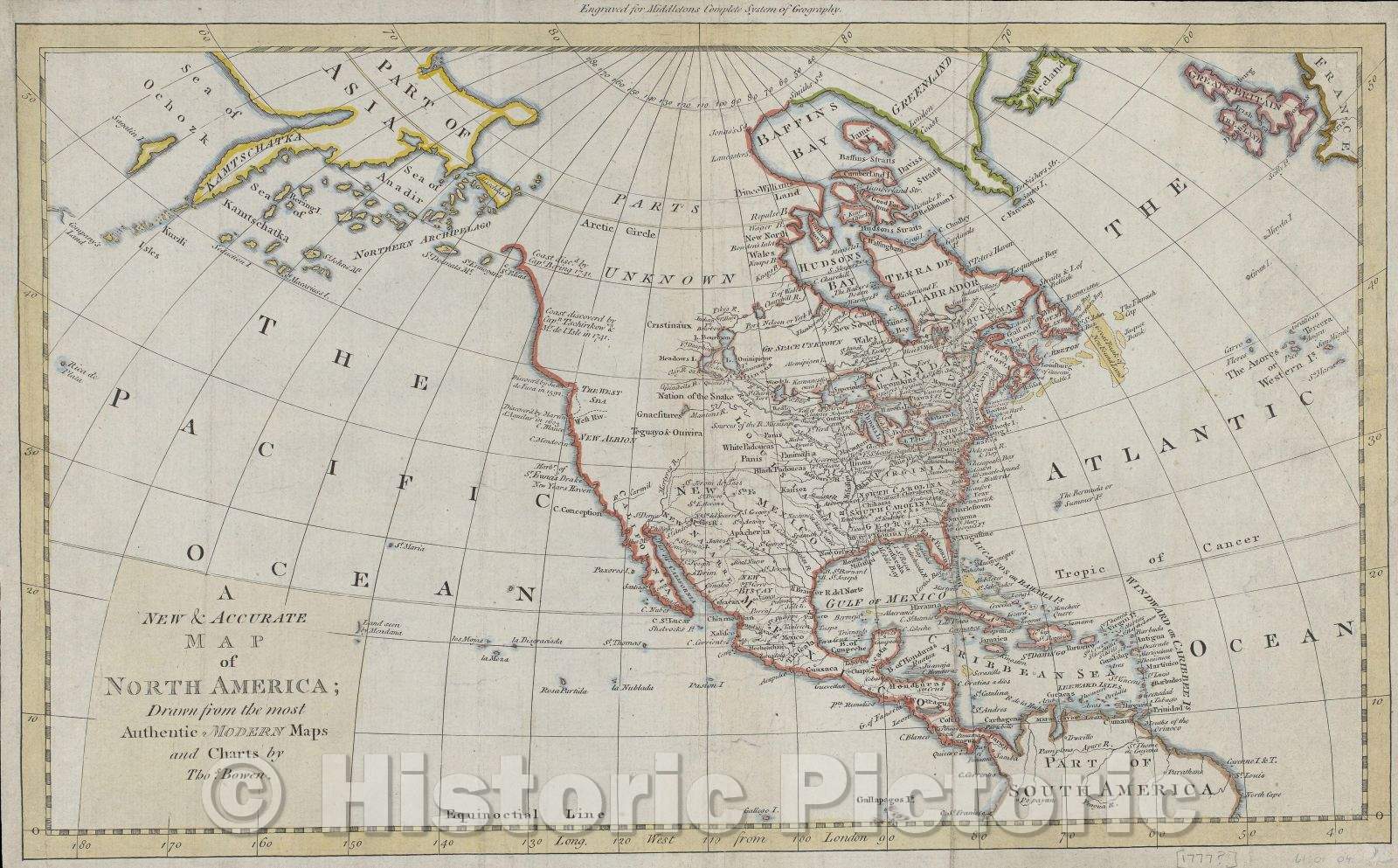 Historic Map : A New and Accurate Map of North America; Drawn from the most Authentic Modern Maps and Charts by Thos. Bowen, 1777 , Vintage Wall Art