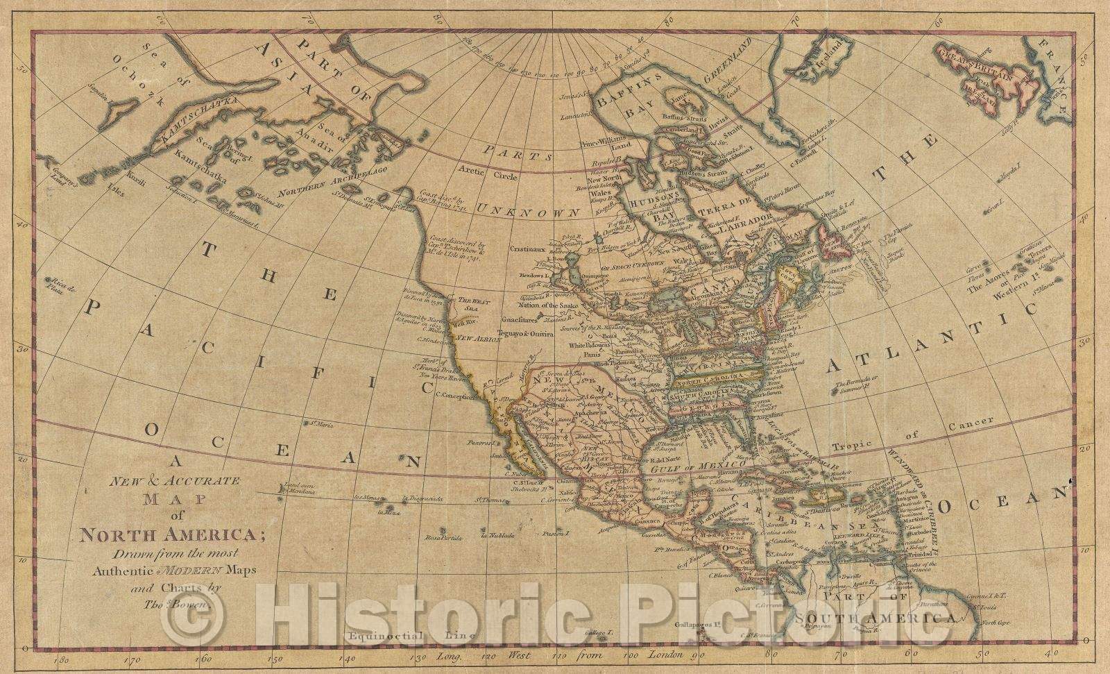 Historic Map : A New and Accurate Map of North America; Drawn from the most Authentic Modern Maps and Charts by Thos. Bowen., c. 1778 , Vintage Wall Art