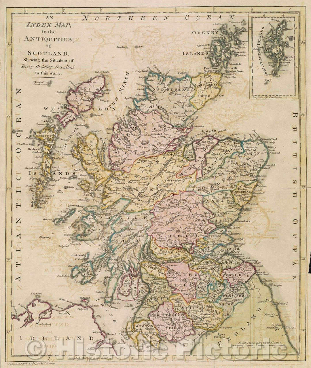 Historic Map : An Index Map, to the antiquities; of Scotland. Shewing the Situation of Every Building Described in this Work., 1791 , Vintage Wall Art