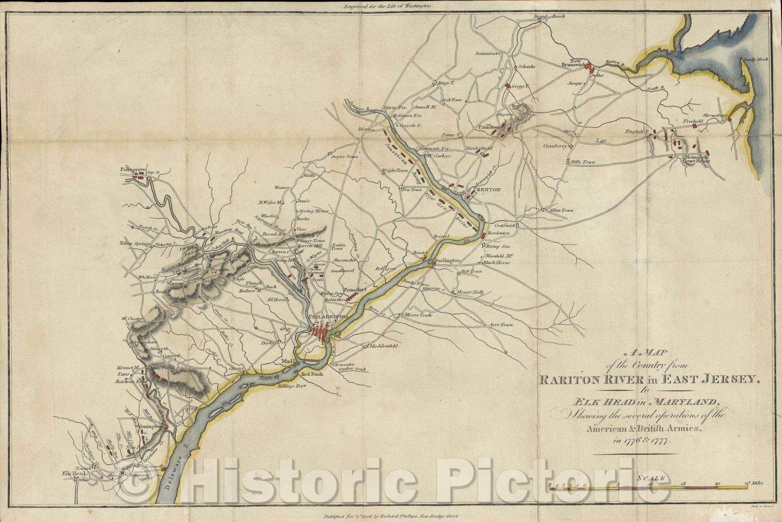 Historic Map : A Map of the Country from Rariton River in East Jersey, to Elk Head in Maryland, Shewing the several operations of the American and British Armies, 1806 , Vintage Wall Art