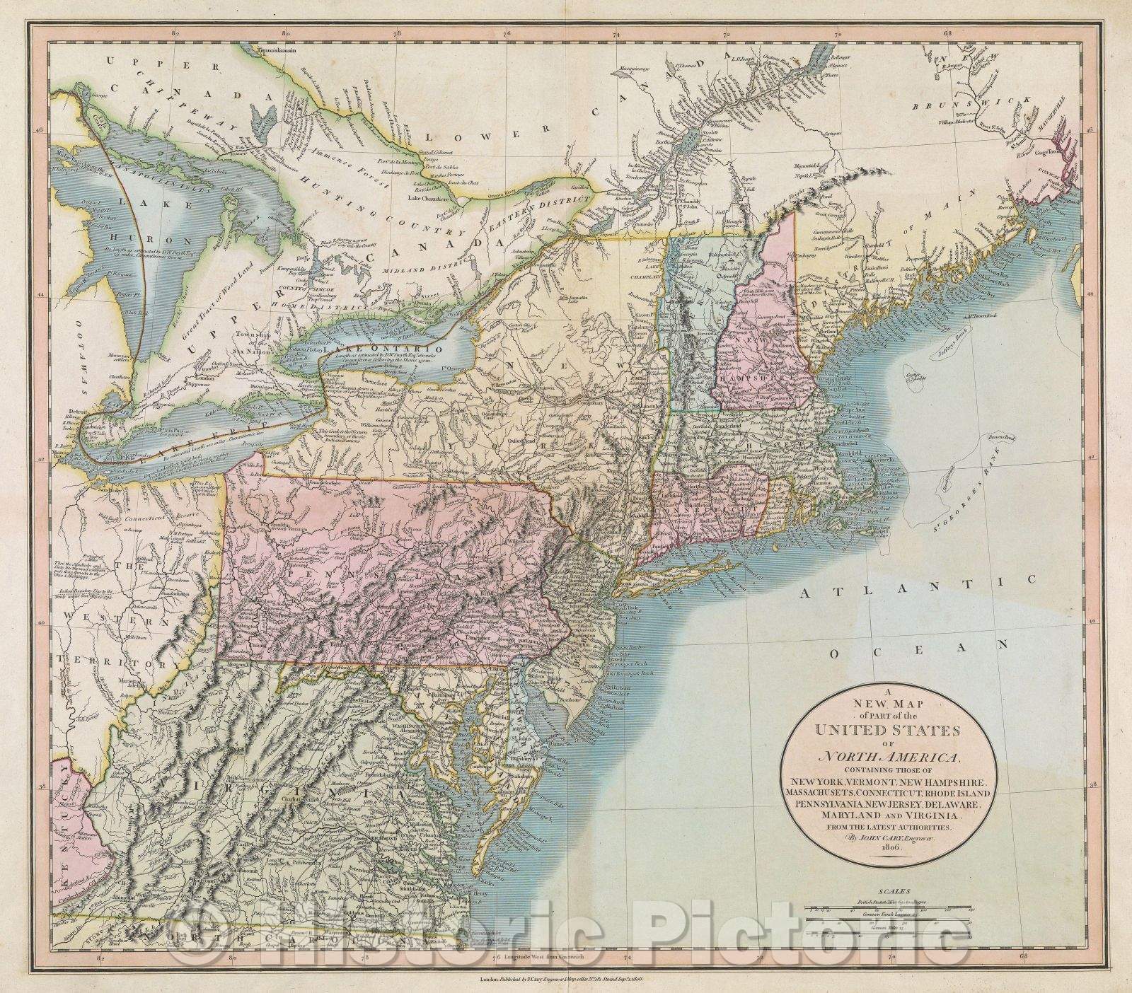 Historic Map : A New Map of Part of the United States of North America, containing those of New York, Vermont, New Hampshire, Massachusetts, Connecticut, Rhode Island, 1806 , Vintage Wall Art