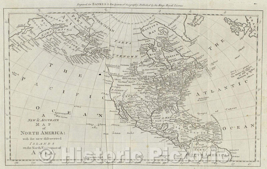 Historic Map : A New and Accurate Map of North America; with the new discovered Islands on the North East coast of Asia., c. 1799 , Vintage Wall Art