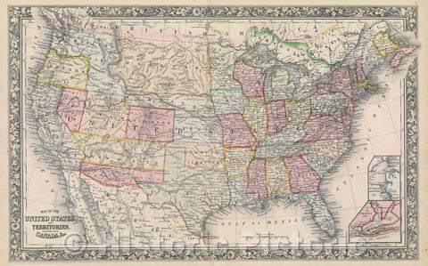 Historic Map : Map of the United States and Territories together with Canada andc., 1860 , Vintage Wall Art