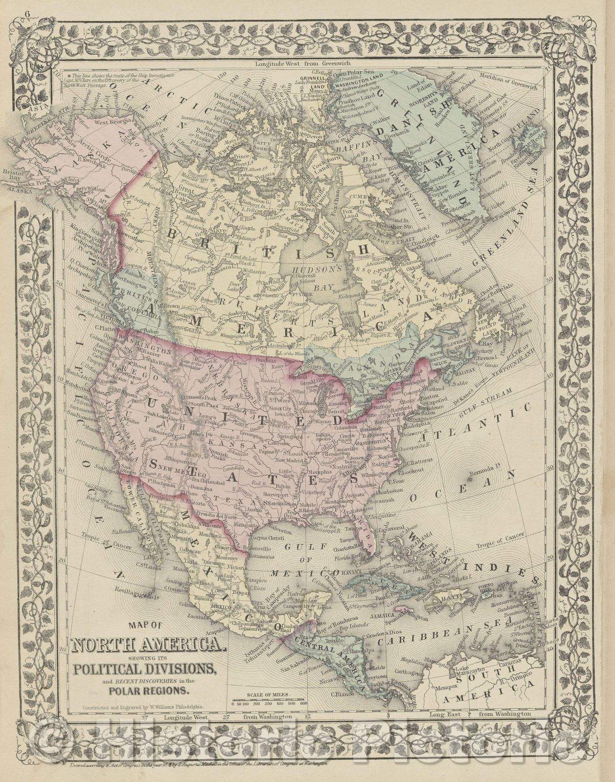 Historic Map : Map of North America. Showing its Political Divisions, and Recent Discoveries in the Polar Regions, 1876 , Vintage Wall Art