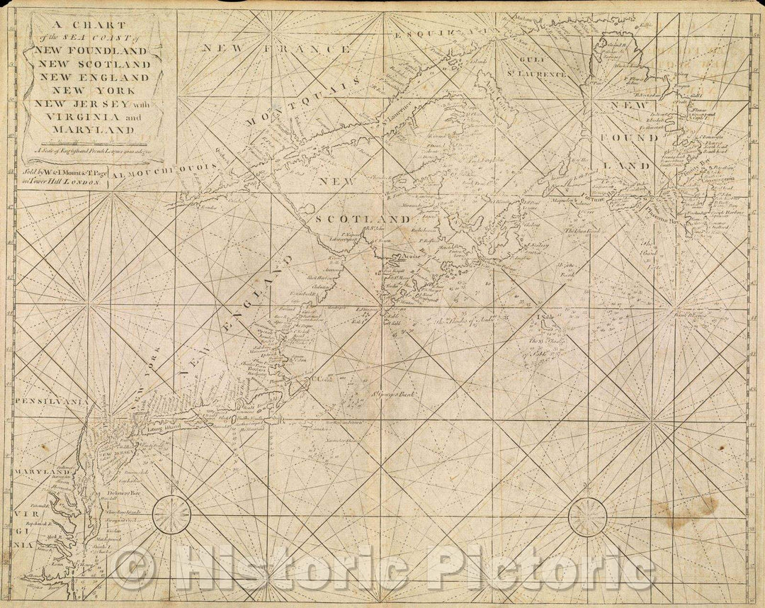 Historic Map : A Chart of the Sea Coast of New Found Land, New Scotland, New England, New York, New Jersey, with Virginia and Maryland, 1737 , Vintage Wall Art