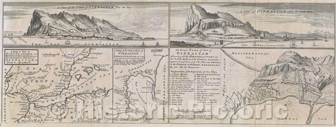 Historic Map : A view of the town of Gibraltar from the bay;  A view of Gibraltar from the north west a map of part of Europe, Africa and Mediterranean Sea, 1745 , Vintage Wall Art