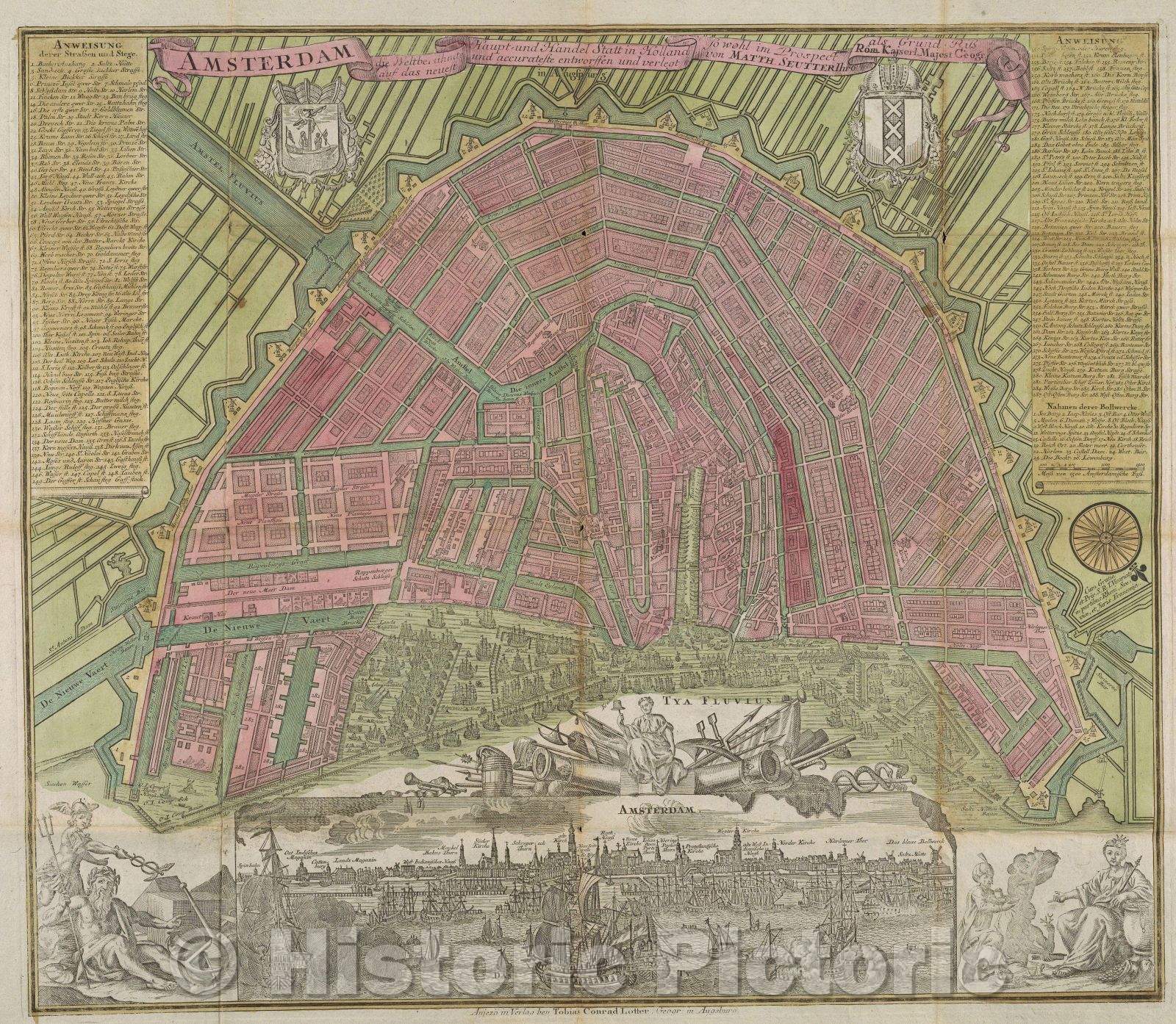 Historic Map : Amsterdam die Weltberu?hmte Haupt und Handel Statt in Holland so wohl im prospect auf das neuest un accurateste entworfen und verlegt von Matth. Seutt, c. 1770 , Vintage Wall Art