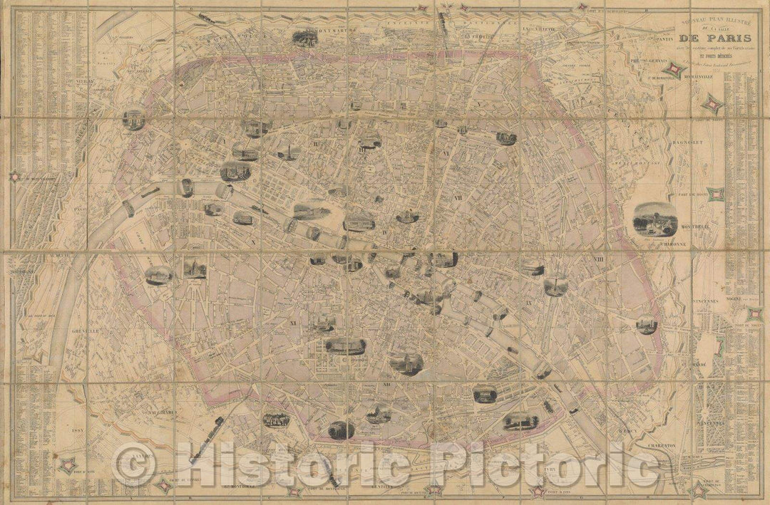 Historic Map : Nouveau Plan Illustre? de la Ville de Paris  avec le systeme syste?me de ses Fortifications et Forts De?tache?s, 1851 , Vintage Wall Art