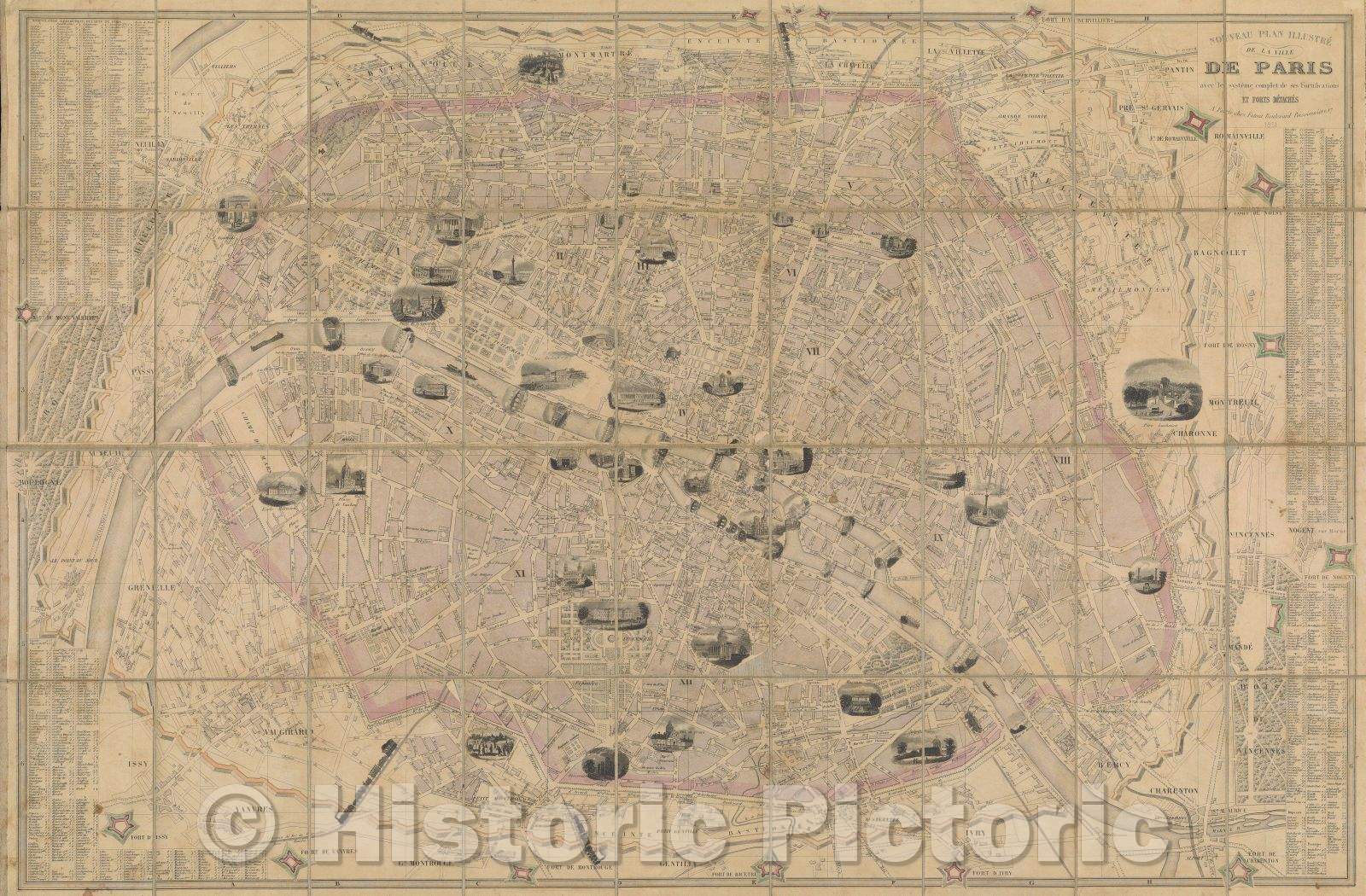 Historic Map : Nouveau Plan Illustre? de la Ville de Paris  avec le systeme syste?me de ses Fortifications et Forts De?tache?s, 1851 , Vintage Wall Art