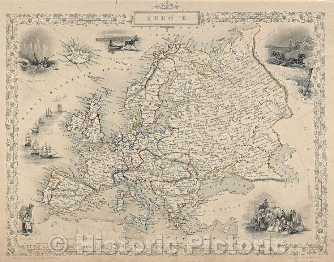 Historic Map : Europe the map drawn and engraved by J. Rapkin the illustrations by H. Warren and engraved by J. Rogers, 1851 , Vintage Wall Art