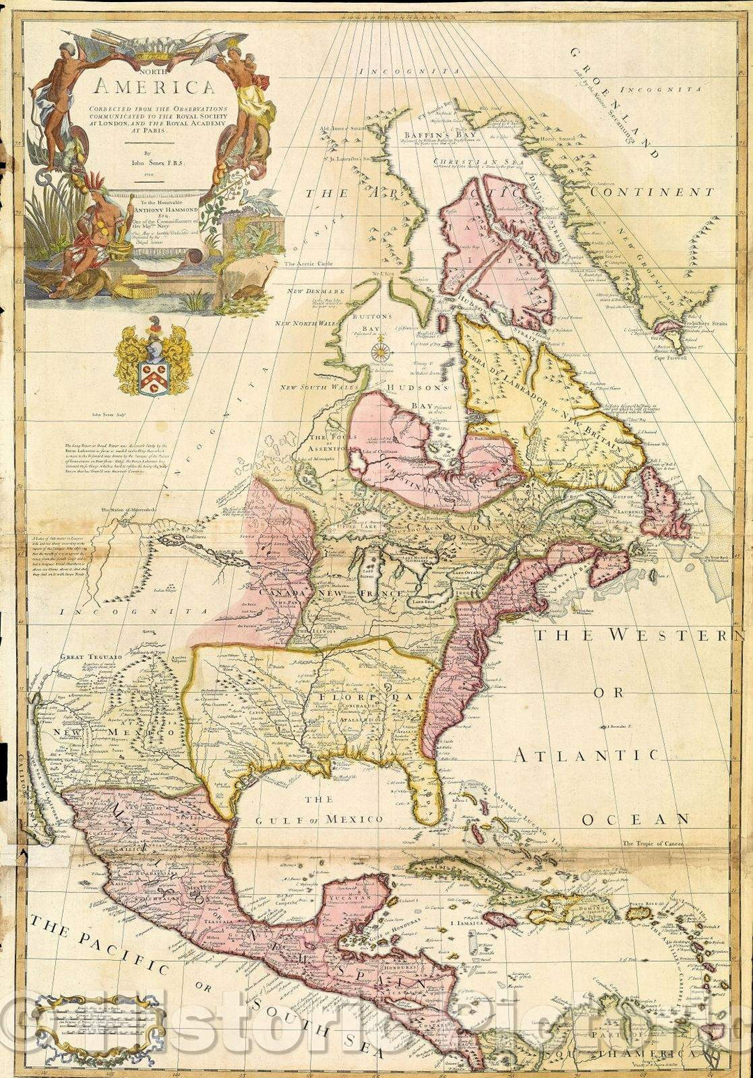 Historic Map : North America corrected from the observations communicated to the Royal Society at London, and the Royal Academy at Paris, 1710 , Vintage Wall Art