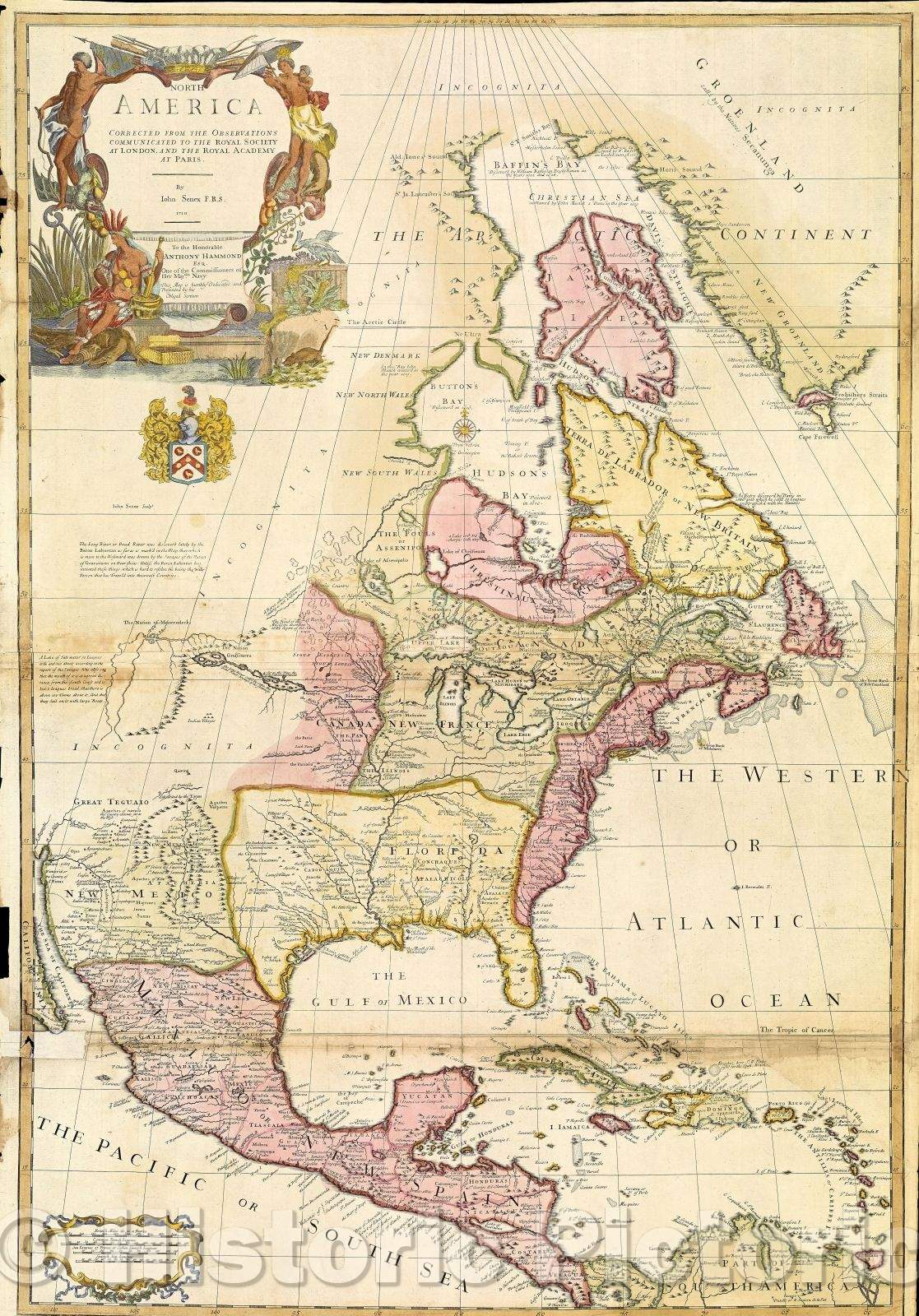 Historic Map : North America corrected from the observations communicated to the Royal Society at London, and the Royal Academy at Paris, 1710 , Vintage Wall Art