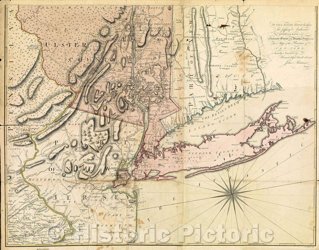 Historic Map : A Map of the Province of New York with part of Pensilvania, and New England, from an actual survey by Captain Montresor, engineer, 1775. P. Andrews, 1775 , Vintage Wall Art