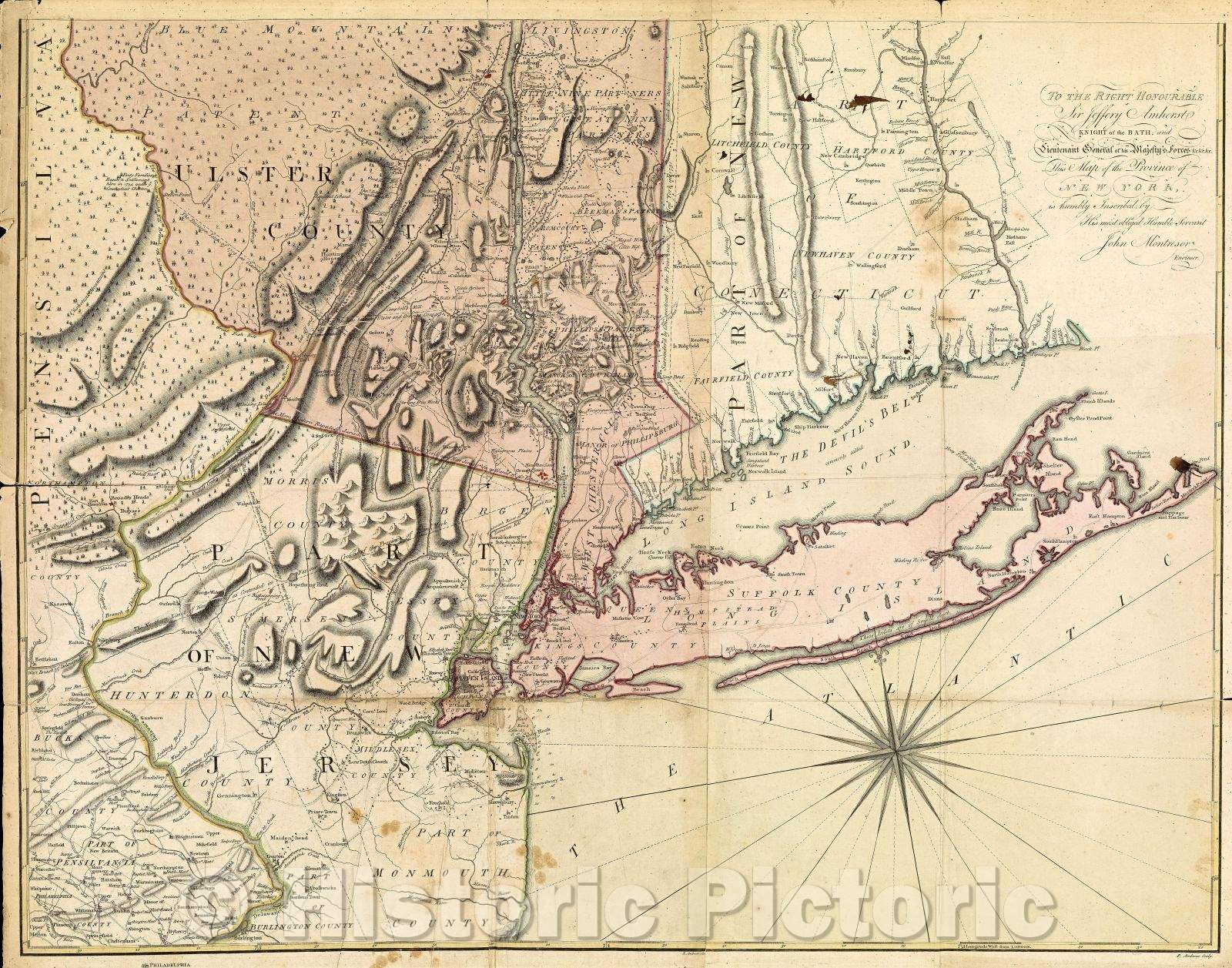 Historic Map : A Map of the Province of New York with part of Pensilvania, and New England, from an actual survey by Captain Montresor, engineer, 1775. P. Andrews, 1775 , Vintage Wall Art