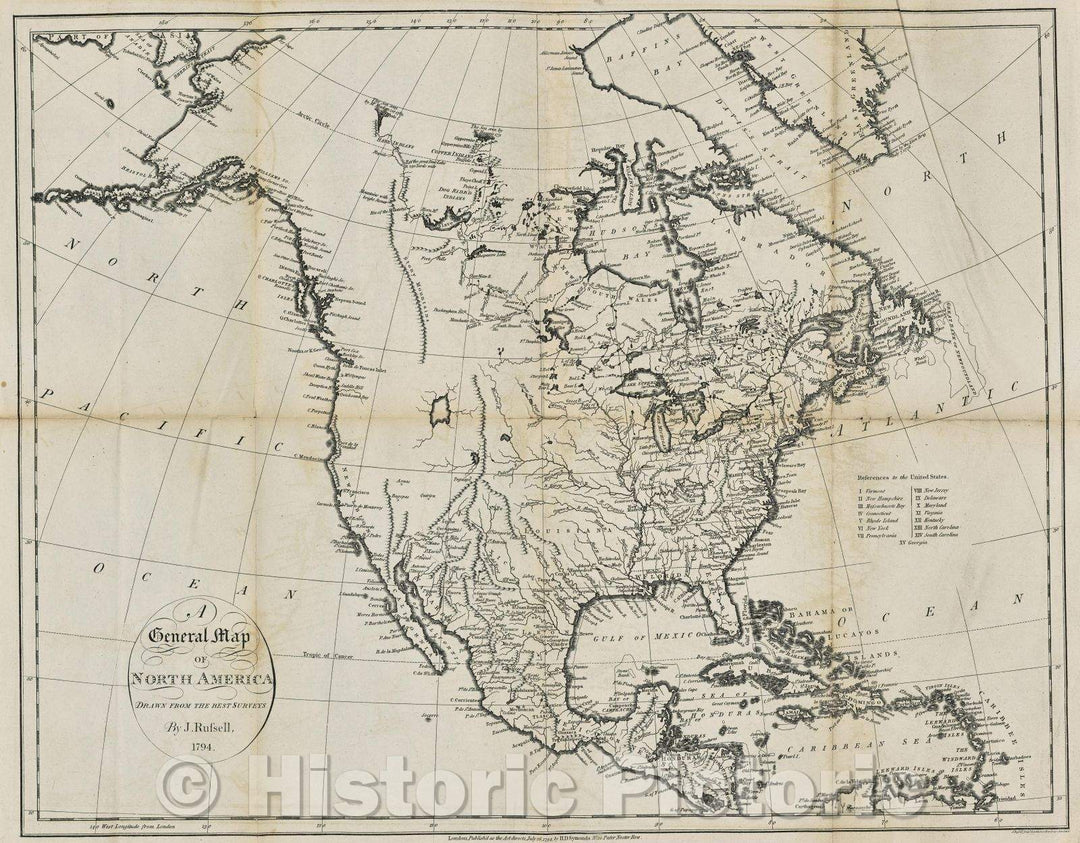 Historic Map : A General Map of North America, Drawn from the Best Surveys. By J. Russell, 1794., 1794 , Vintage Wall Art