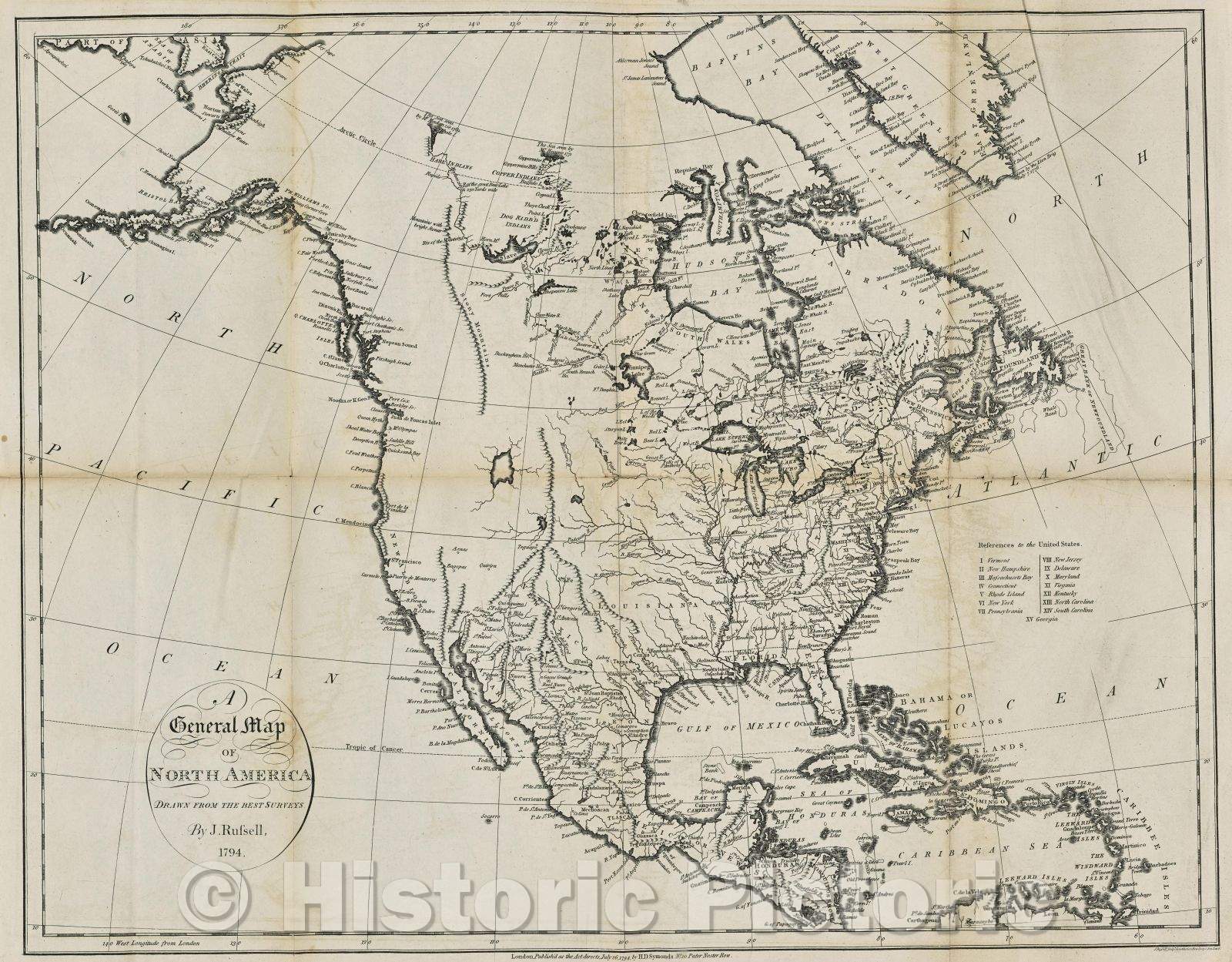 Historic Map : A General Map of North America, Drawn from the Best Surveys. By J. Russell, 1794., 1794 , Vintage Wall Art