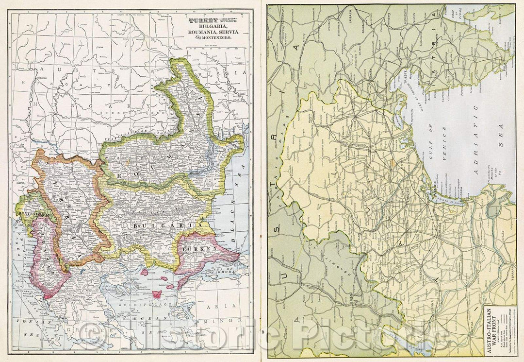 Historic Map : World's Greatest War Maps of Europe, Turkey In Europe Bulgaria, Roumania, Servia and Montenegro., 1918 , Vintage Wall Art