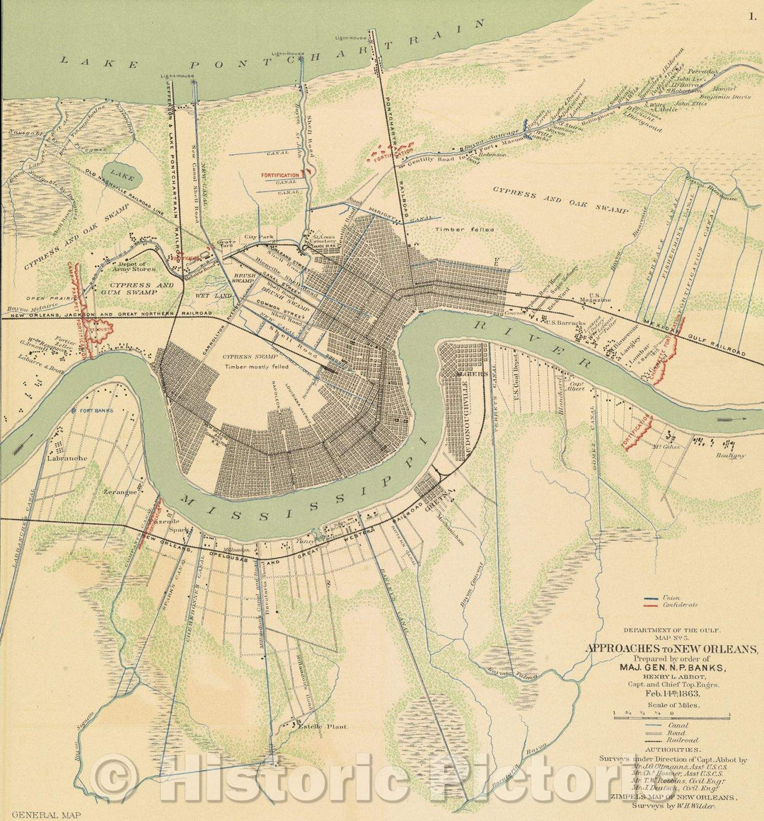 Historic Map : New Orleans  City Approaches, 1863 , Vintage Wall Art