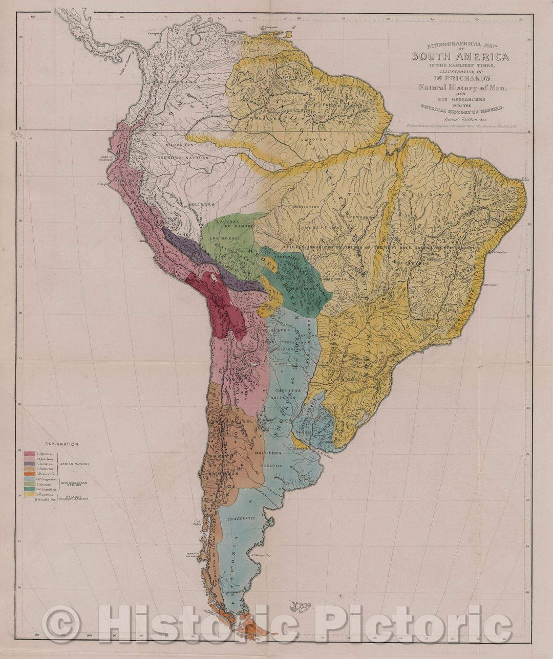 Historic Map : Ethnographical Map of South America in the earliest times, illustrative of Dr. Prichard's Natural History of Man, 1864 , Vintage Wall Art