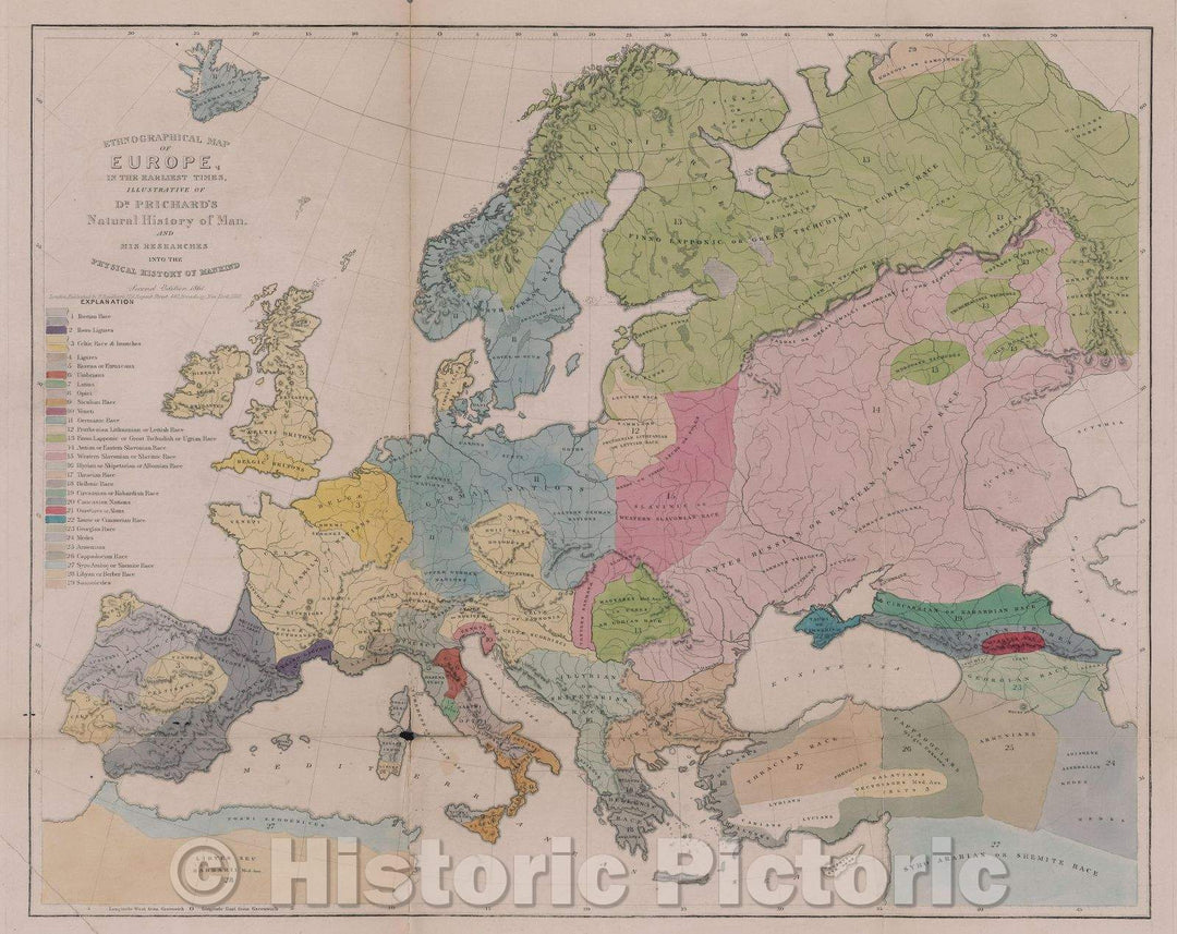 Historic Map : Ethnographical Map of Europe in the earliest times, illustrative of Dr. Prichard's Natural History of Man and his Researches into the Physical History, 1864 , Vintage Wall Art