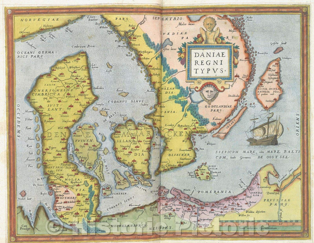 Historic Map : Daniae Regni Typus. :: Map of the kingdom of Denmark., 1575 , Vintage Wall Art