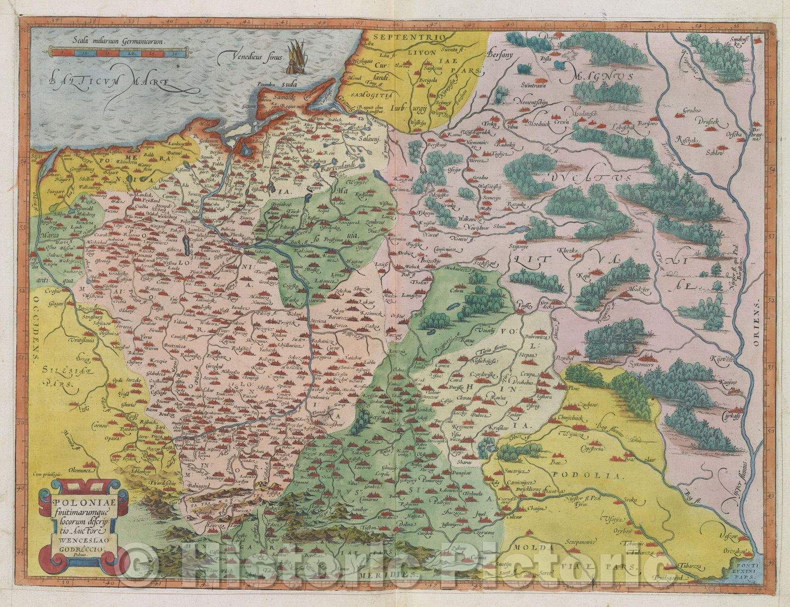 Historic Map : Poloniae finitimarumque locorum descriptio. Auctore Wenceslao Godreccio Polono. :: Map of Poland and the boundaries of the place., 1575 , Vintage Wall Art