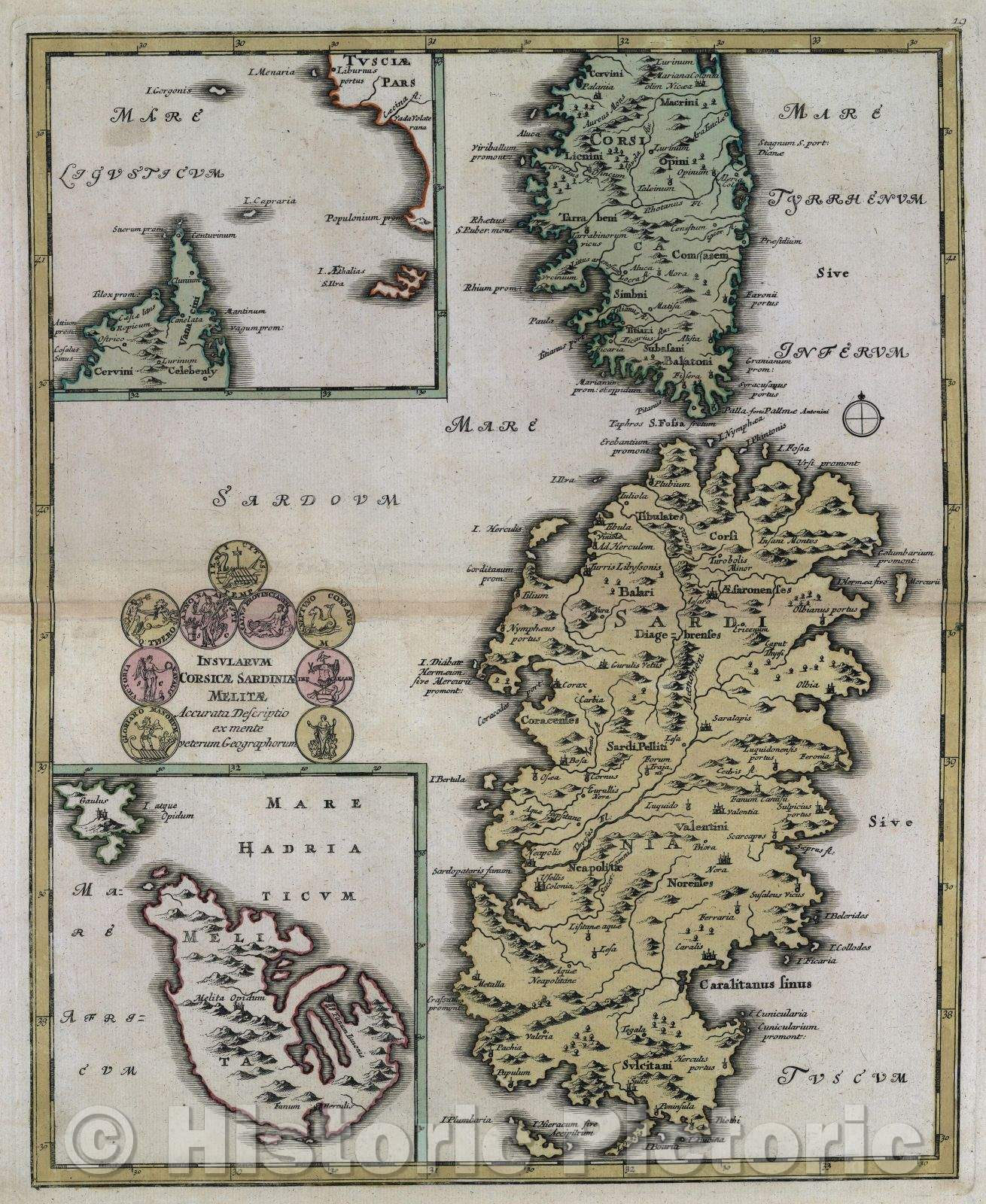 Historic Map : Insularum Corsicae Sardiniae Melitae accurata descriptio ex mente veterum geographorum, c. 1720 , Vintage Wall Art