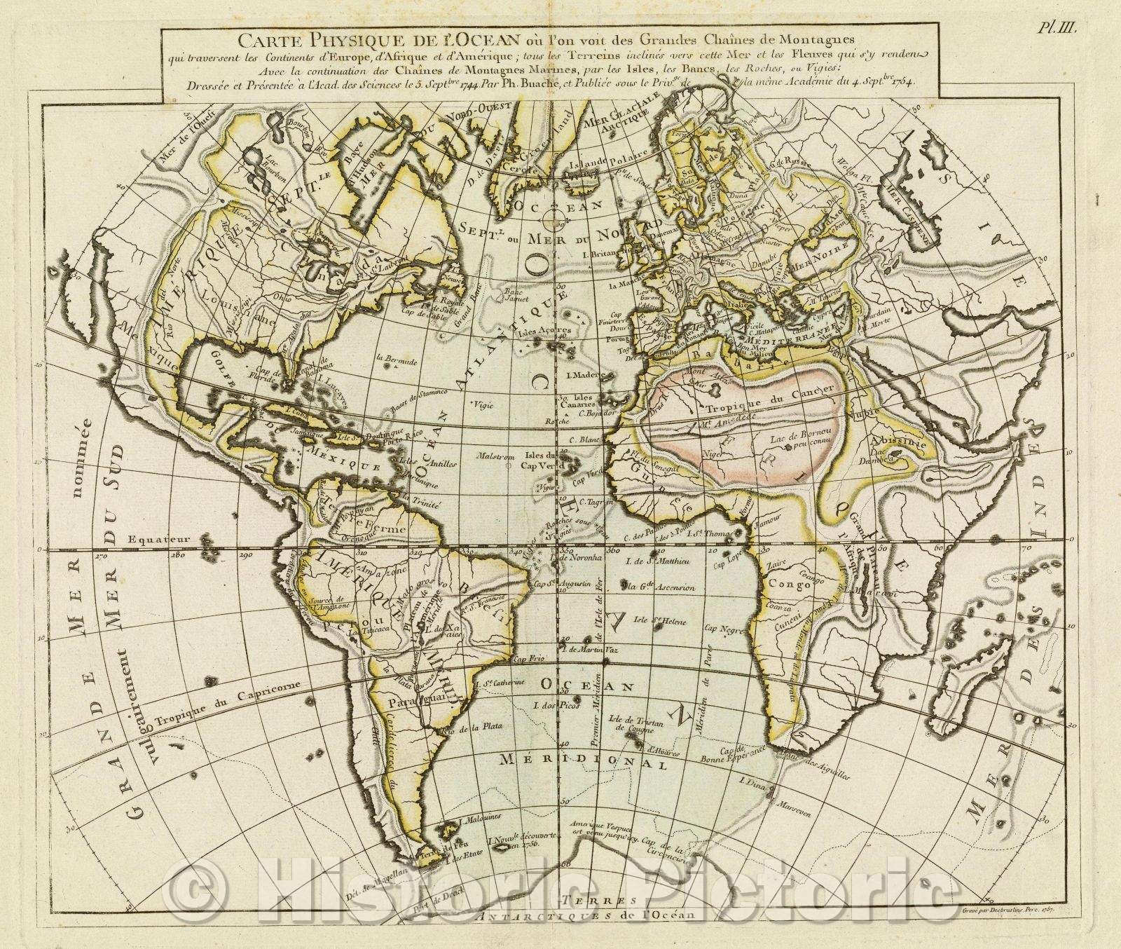 Historic Map : Carte Physique de l'Ocean ou l'on voit des grandes Chaines de Montagnes qui traversent les Continents d'Europe, d'Afrique et d'Amerique, 1757 , Vintage Wall Art