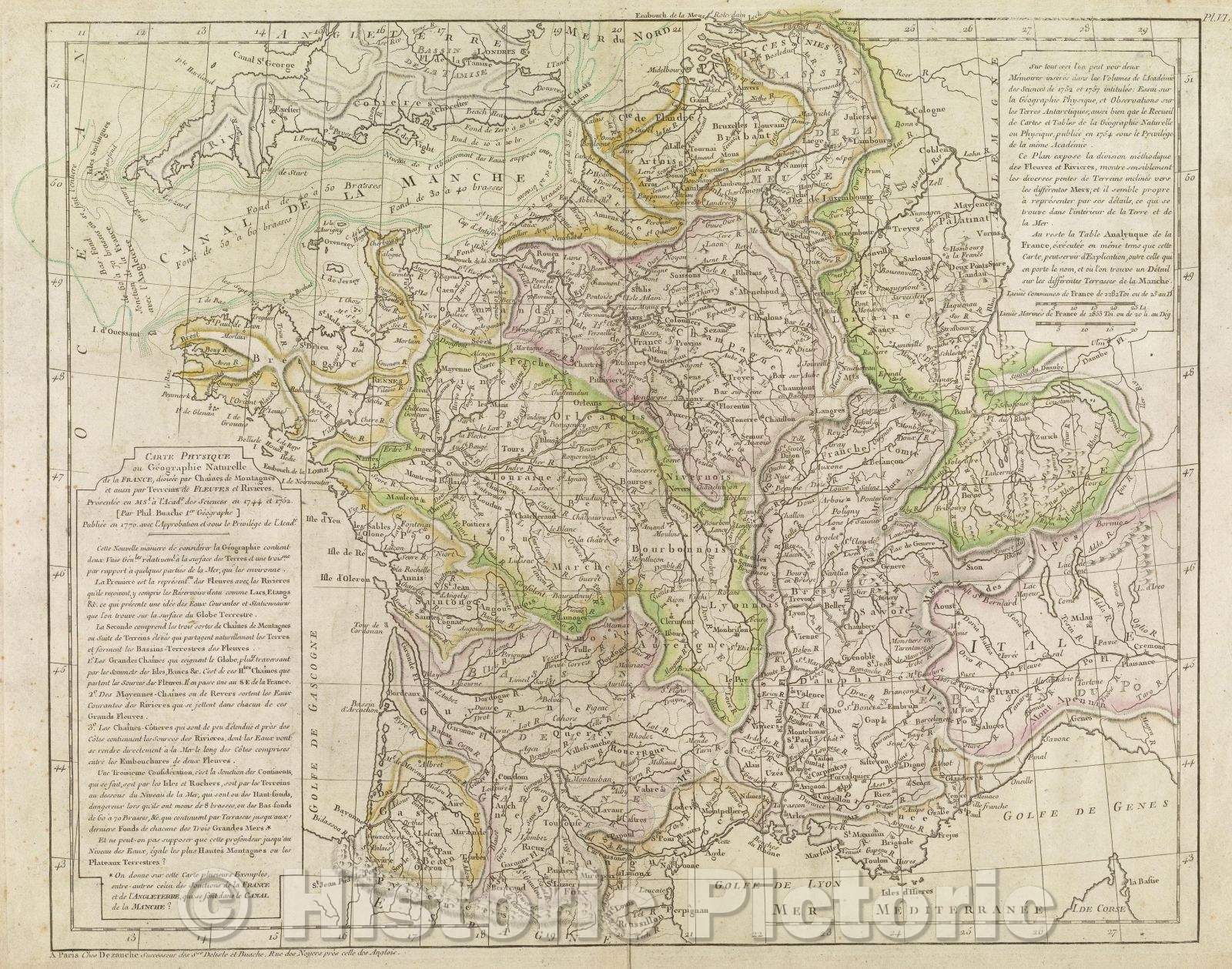 Historic Map : Carte Physique ou Geographie Naturelle de la France, dioisee par Chaines de Montagnes et aussi par Terreins de Fleuves et Rivieres., 1770 , Vintage Wall Art