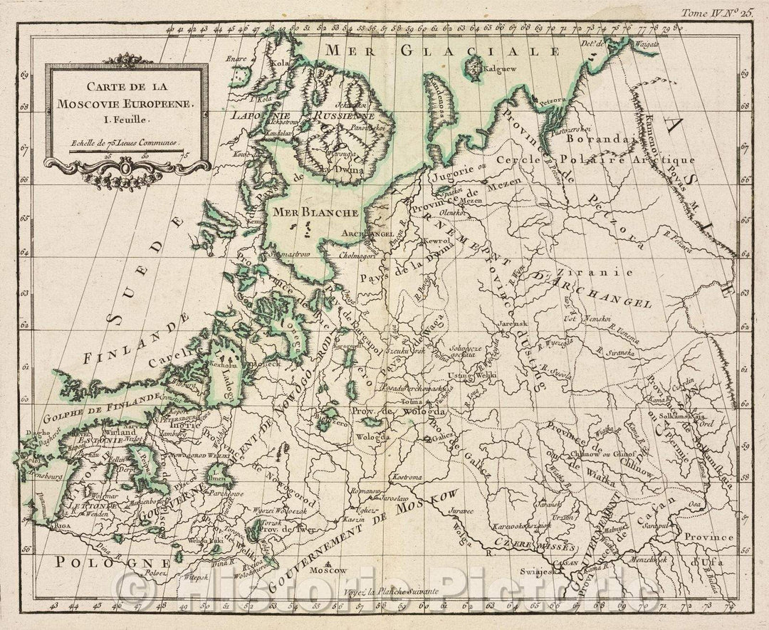 Historic Map : Carte de la Moscovie Europeene.  I. Feuille., Tome IV. No. 25., 1764 , Vintage Wall Art