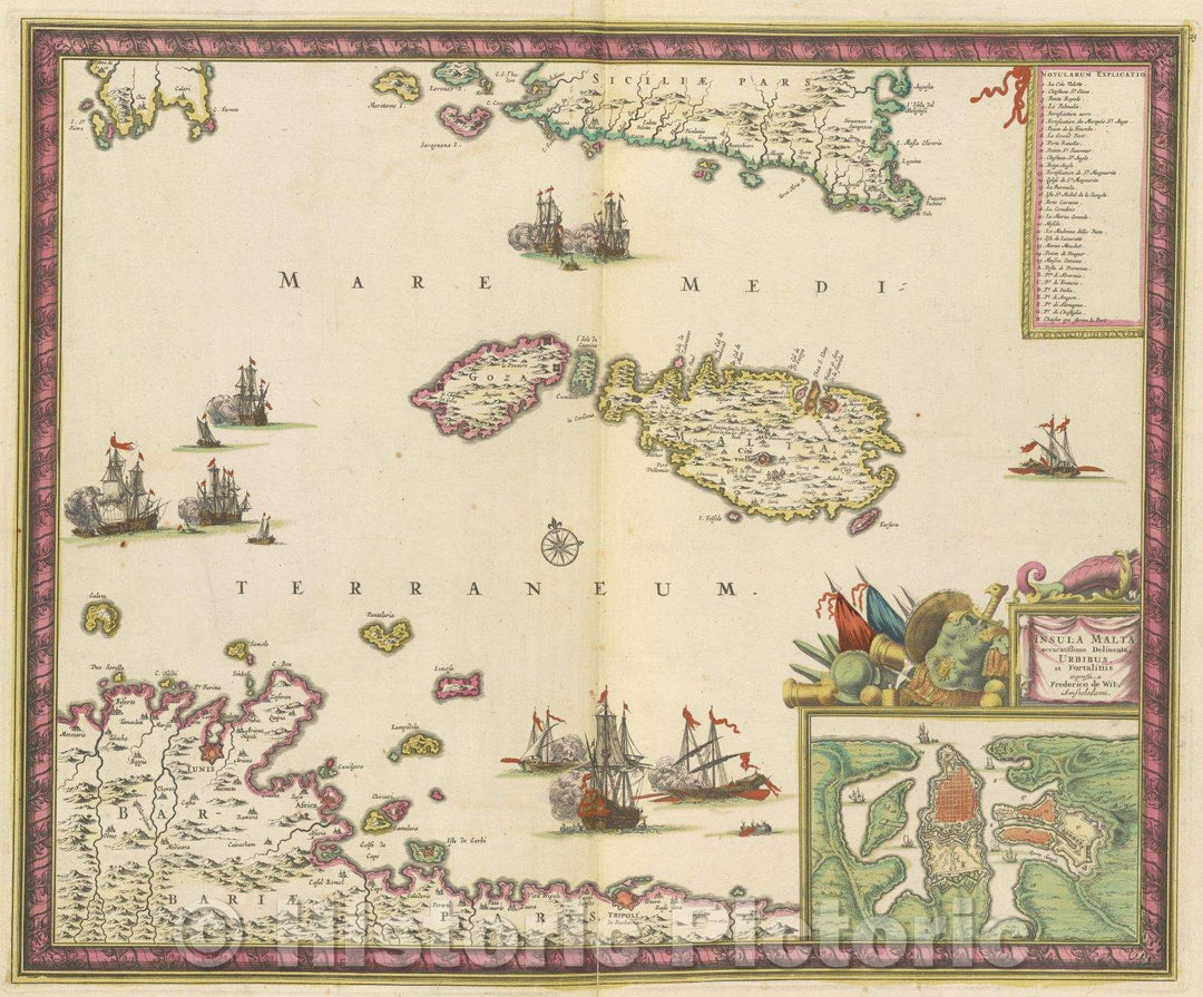 Historic Map : Insula Malta accuratissime delineata, urbibus, et fortalitiis expressa, a Frederico de Wit, Amstelodami., 1680 , Vintage Wall Art